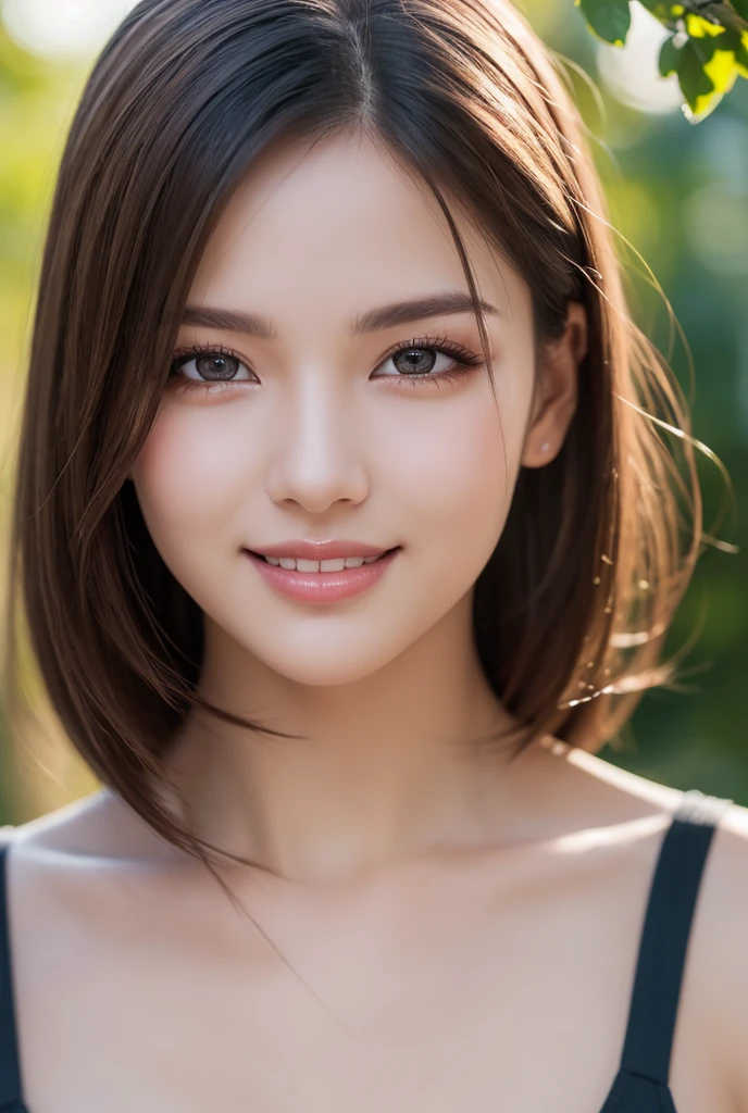 ((top-quality、8K、​masterpiece:1.3))、1girl in、Slim Abs Beauty:1.3、(Hairstyles Brown Hair Shortcuts、Colossal tits:1.2)、doress:1.1、Super fine face、Delicat eyes、二重まぶた、A smile、Home、Raw photo、Tank Tops、tits out、Sharp Eyebrows、japanes、cleavage of the breast、Slender beauty、Colossal tits