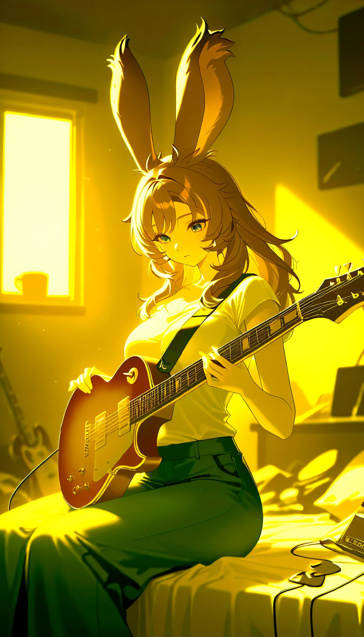 Lonely, One big-breasted Viera girl who got her heart broken, Alone, in a messy room, guitar,
