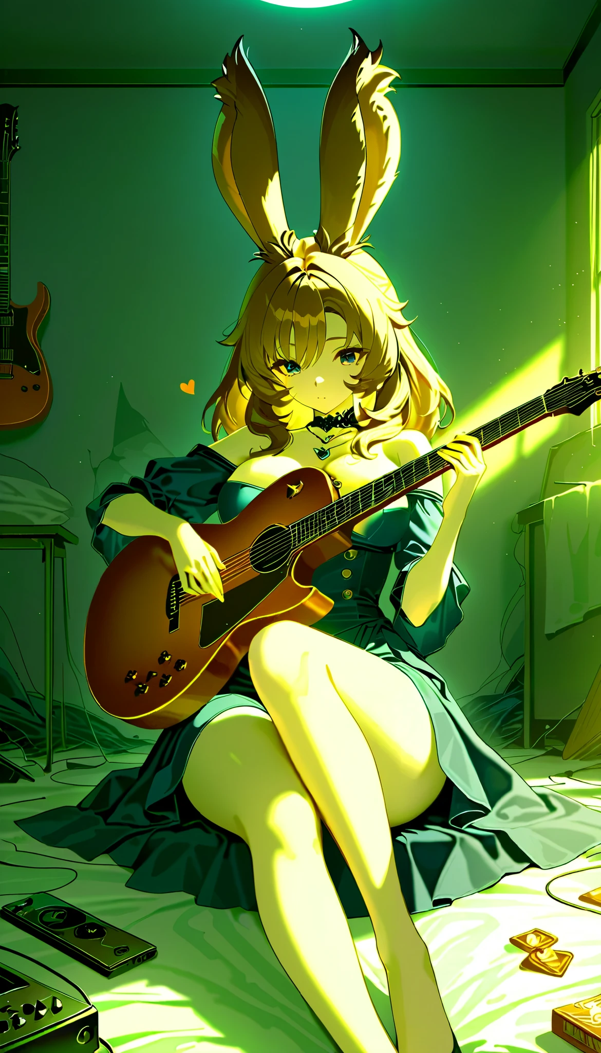 Lonely, One big-breasted Viera girl who got her heart broken, Alone, in a messy room, guitar,