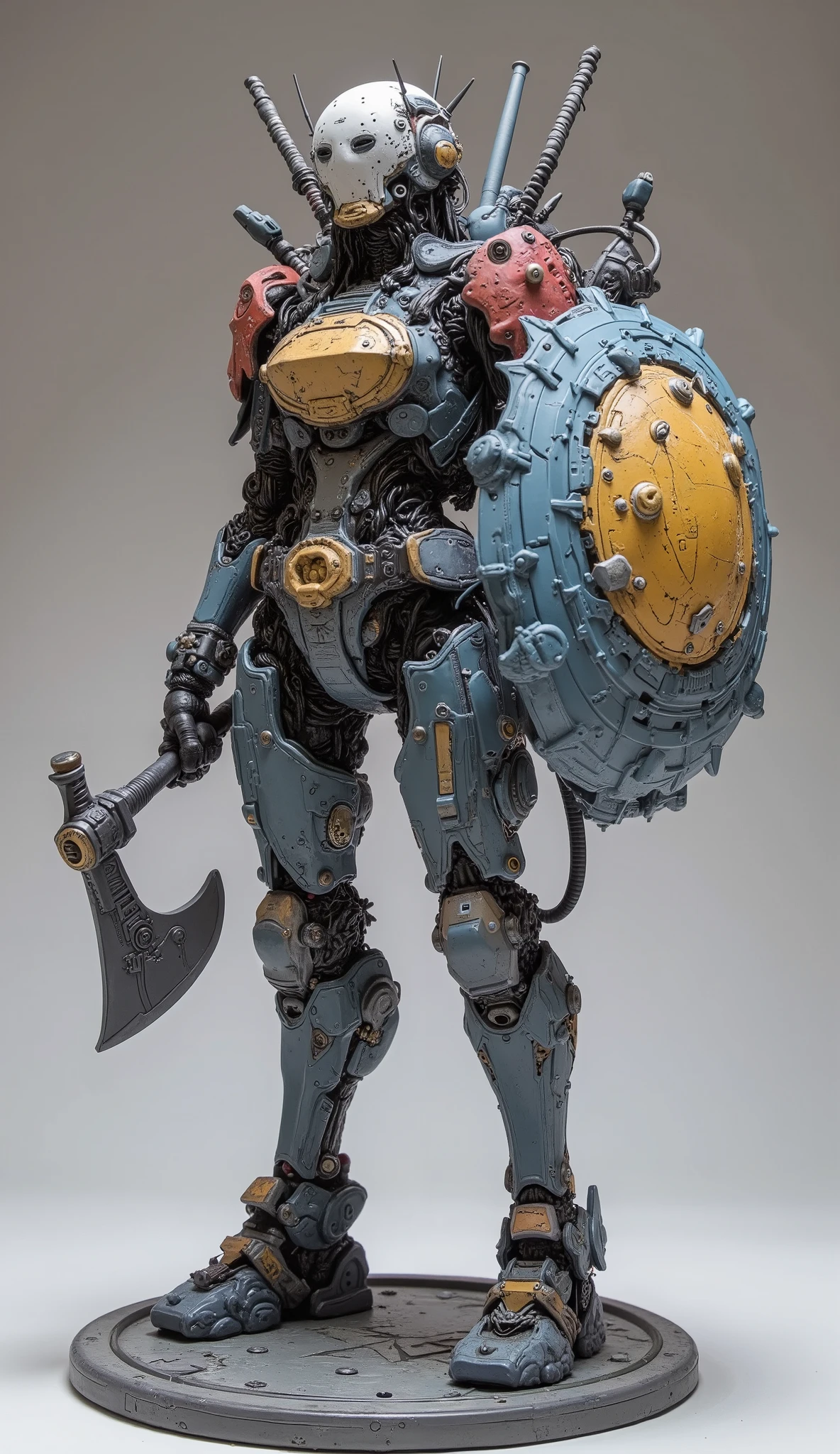 Close up of a toy robot holding an axe on a round aluminum stand、white, blue, yellow and red coloring、Concept Art、Gundam Coloring with a Gundam's Shield、Gundam's Shield、Gundam coloring with a Gundam's Shield:Hiroyuki Tajima, ZBrush Central Contest Winner, Neo-Dada, There is a statue of a beautiful woman wearing organic clothes , ACTION FIGURE MECHA , watch. Kamekamacinarium , Mecha Girl, Mecha limbs, To Gundam, Japanese action figures , anime robot is organic 、dynamic pose