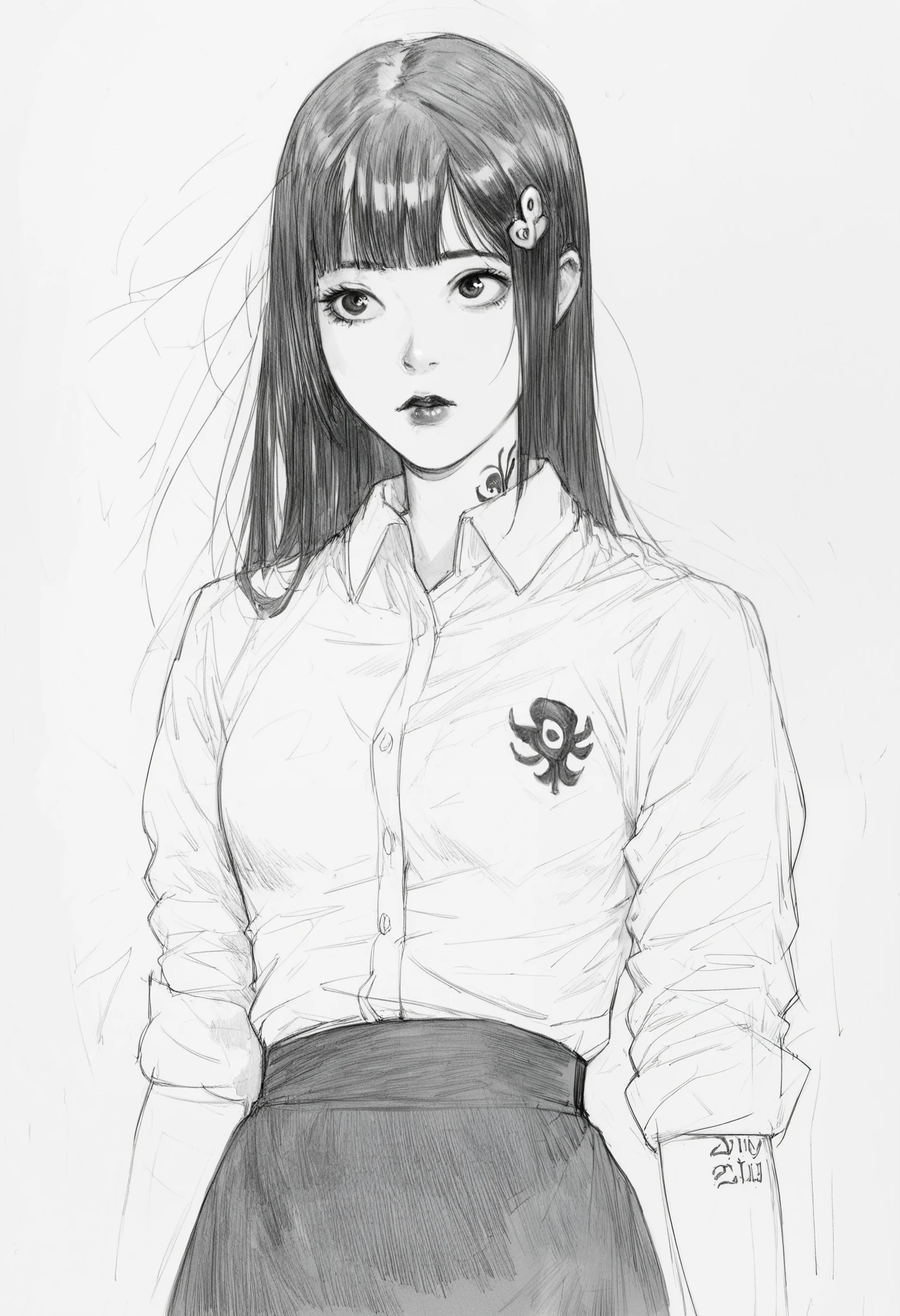 score_9, score_8_up, score_7_up, score_6_up, score_5_up, score_4_up, BREAKsketch, shinji_chibana_artstyle, traditional pencil style, pencil drawing, monochrome, detailed background, detailed background, Asian, white shirt, black skirt, rolled up sleeves, sunny, lovely, hime cut hair, curious face, black lips, black eyes, tattoos