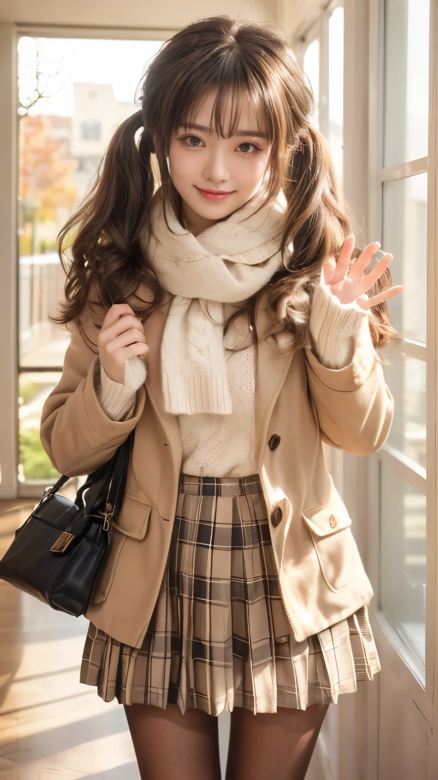 Beautiful girl wearing a down coat、 student、With bangs、Knitted skirt、knit tights、