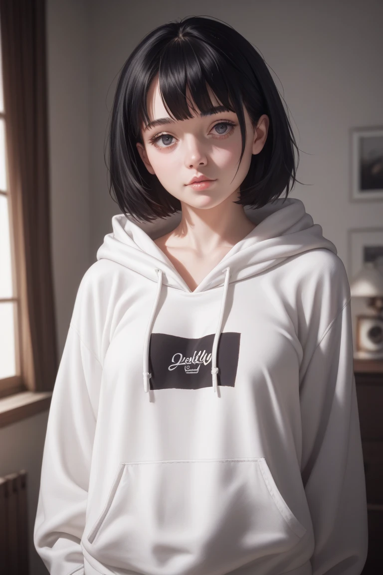 リアルティックstyle、Delicate and detailed line drawingasterpiece、highest quality、Highest image quality、one woman、extra short hair、natural makeup、eyelash extensions、Sharply draw eyelashes、Smiling happily、(Standing with the whole body facing the viewer、real face:1.5)、Japanese high school girl、Commemorative photo taken in the school courtyard、(simple design clothing、oversized white hoodie:1.5)、(Fitted white dolphin shorts:1.3)、(camel toe:1.3)、blur the background、(cowboy shot:1.3)、(The subject is viewed from below:1.2)