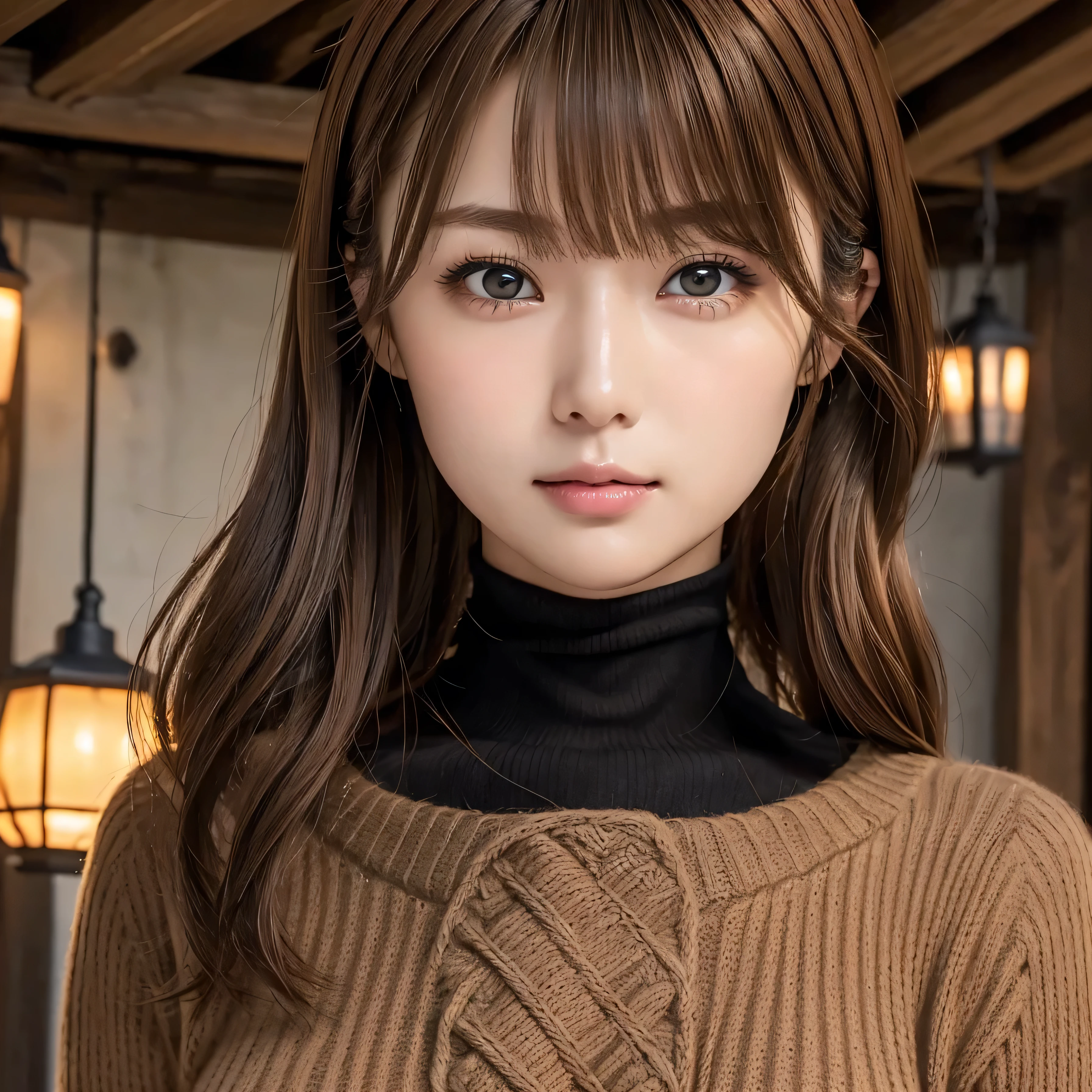 (table top:1.4, Photorealistic:1.4, 8k), Highest quality, masterpiece, Ultra High Definition, perfect dynamic composition, ((light brown hair:1.4))、high-definition skin and facial textures:1.3, limb details below, (( totally captivates you :0.9)), (Chest, big breasts), (beautiful eyes, black eyes , beautiful erotic eyes:0.85), sexy face:0.4, (closed her mouth、 small mouth、Thick lips、eyes that make you feel beautiful eroticism:0.85), (( Too Cute Beauty :0.9)),(('s full body)),((Inside a snowy mountain cottage)),((turtleneck knit black))1 girl, solo, ((Slightly lower right ponytail)),((Turn your gaze towards the camera))