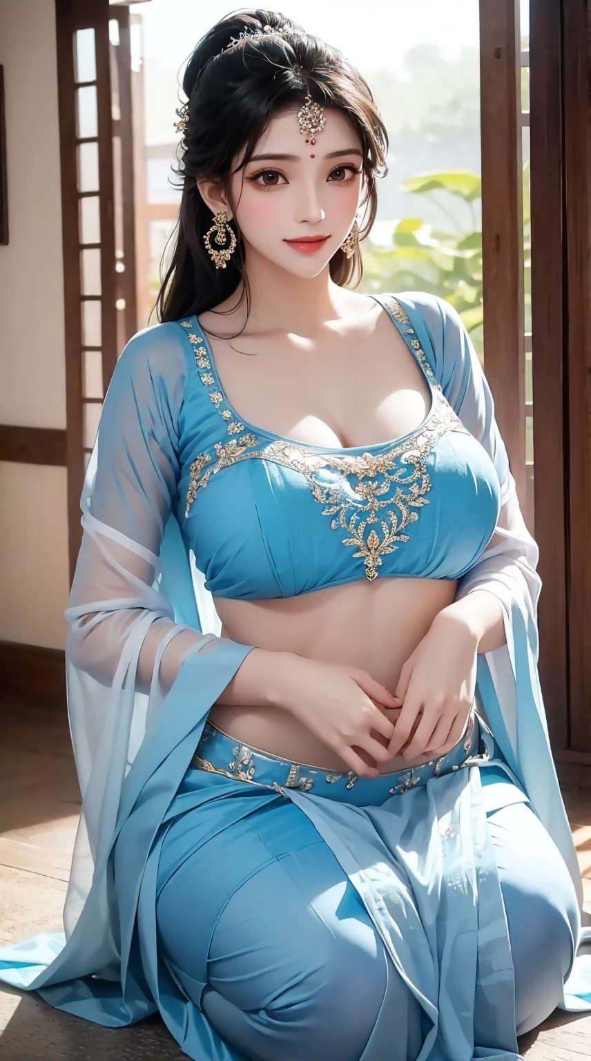 1girl, cute face,pretty face, jaw dropping beauty, Indian clothes, ((ultra high detailed 1.9)),((ultra high resolution 1.9)),((ultra high quality 1.9)),(masterpiece)), (perfect lightings), (very Big breasts 1.9)), ultra huge breast, deep neckline sexy navel