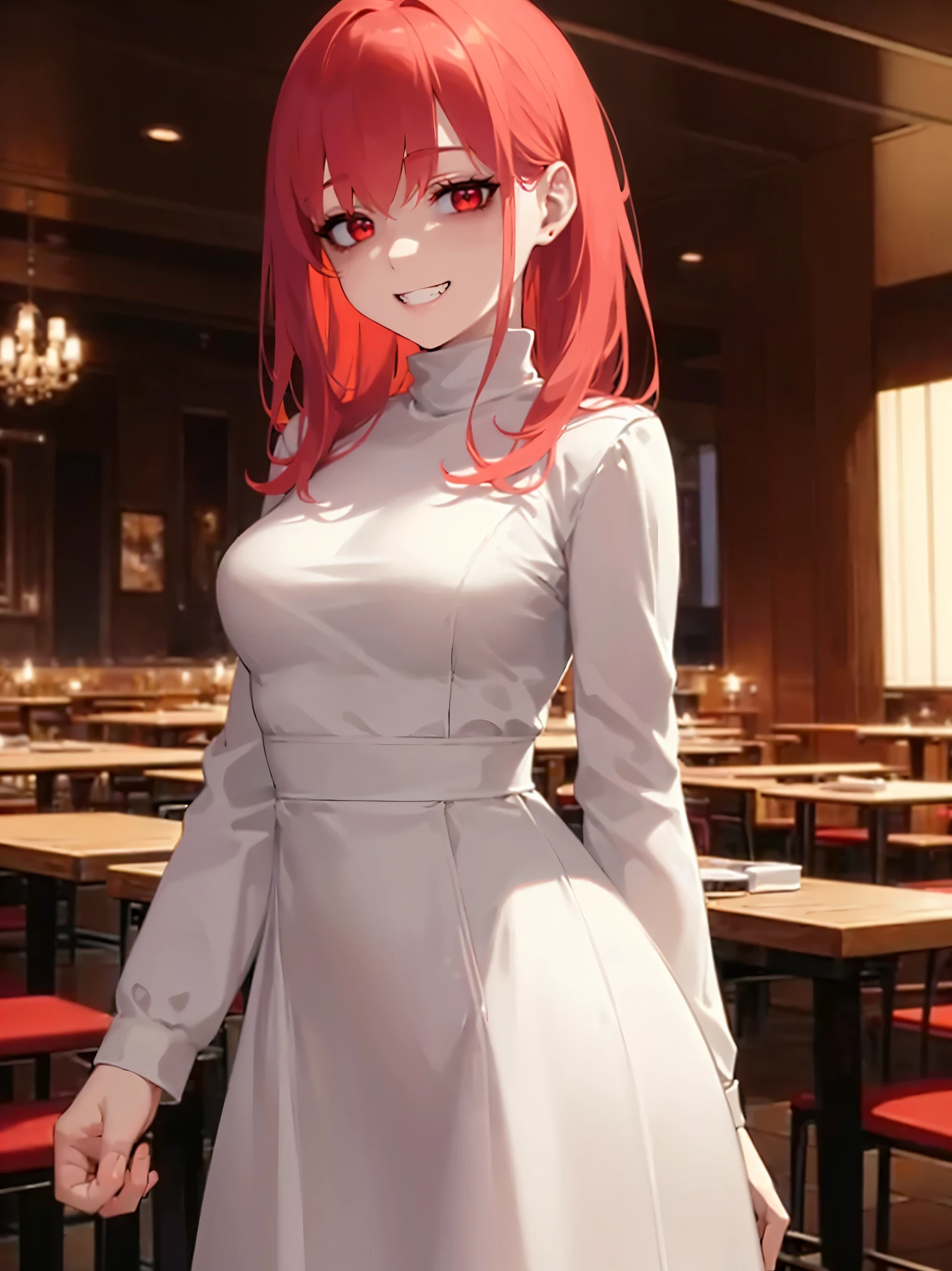standing, (at night:1.5), masterpiece, best quality, detailed, Masterpiece, Great detailed pictures upper body, (pale skin: 1.2), shiny skin, shiny hair, (25-year-old woman) and (medium hair) and (red hair) and (red eyes), (white) and (long sleeve dress), (grin:1.3), inside a restaurant, alone,