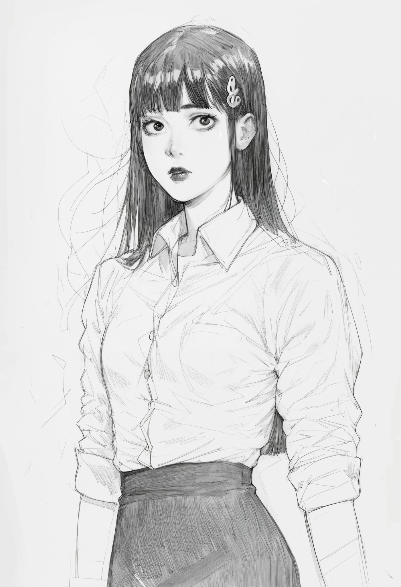 score_9, score_8_up, score_7_up, score_6_up, score_5_up, score_4_up, BREAKsketch, shinji_chibana_artstyle, traditional pencil style, pencil drawing, monochrome, detailed background, detailed background, Asian, white shirt, black skirt, rolled up sleeves, sunny, lovely, hime cut hair, curious face, black lips, black eyes