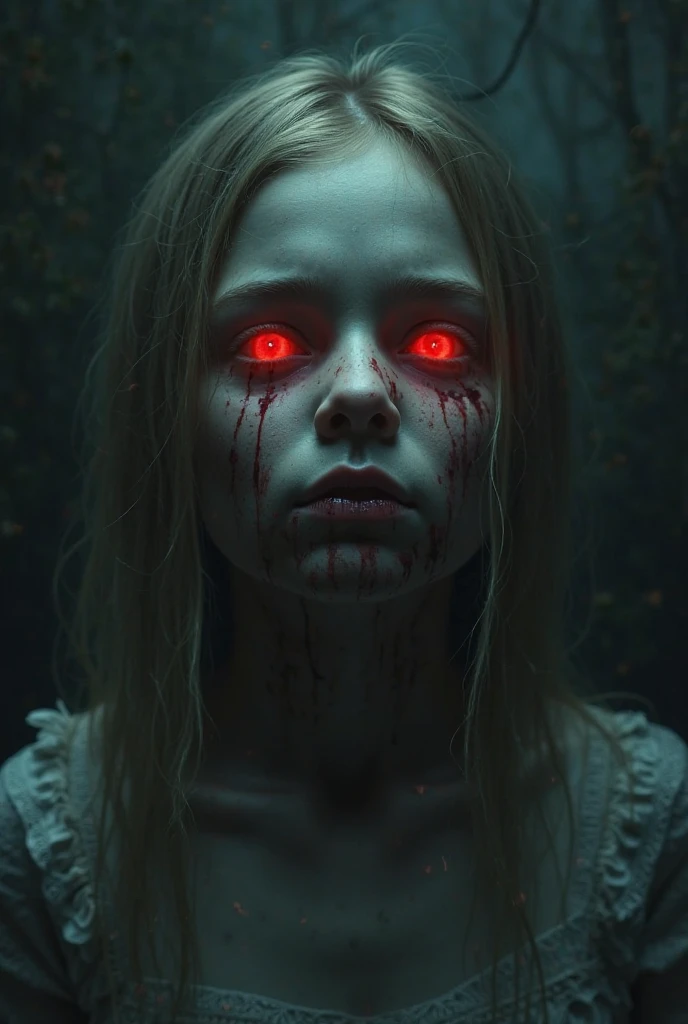 exorcist, An old house deep in the mountains of Europe, Beautiful 15-year-old American girl possessed by demons, On the bed, Yellow eyes, ugly pupils, Arms tied to bed, Leg seat, Girl in a whitish camisole, Self-inflicted scars on the face or body, Girl opens her mouth wide, Brow wrinkles, Growling in demonic form, Baby Face, Beautiful American girl, Various hairstyles、Blonde、 (Photo realistic: 1. 4), Shot with Canon 5D MK4, Shot with Canon EOS 5D Mark IV, Shot with Canon EOA 6D Mark II, Highly detailed face and skin texture, Detailed eyes, Double eyelids, Face-to-face configuration, Various poses, (8k (8k, Best image quality, Mastepiece: 1.2), (Realism, It's photorealistic: 1.37) Super Detail, One, Wounded Body, Pale Skin Tones, A bleak, dark room, Candles on the shelf, A Christian cross hangs on the wall, Dirty skin and clothes, Bloodstained Sheet, Veins on the face, Scars on the wall、Bloodstain、Creepy Smile、Yellow-green liquid