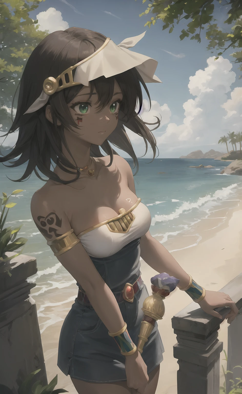 masterpiece, best quality, highres,
1girl, solo, looking at viewer, upper body, long hair, spiked hair, breasts, brown hair, green eyes, bikini, side-tie bikini bottom, black bikini, cleavage, bare shoulders, jewelry, medium breasts, choker, dark skin, necklace, off shoulder, dark-skinned female, neck ring, egyptian, egyptian clothes, <lora:LoRA_Mana:1>, forest, sunlight, cloudy, blush,