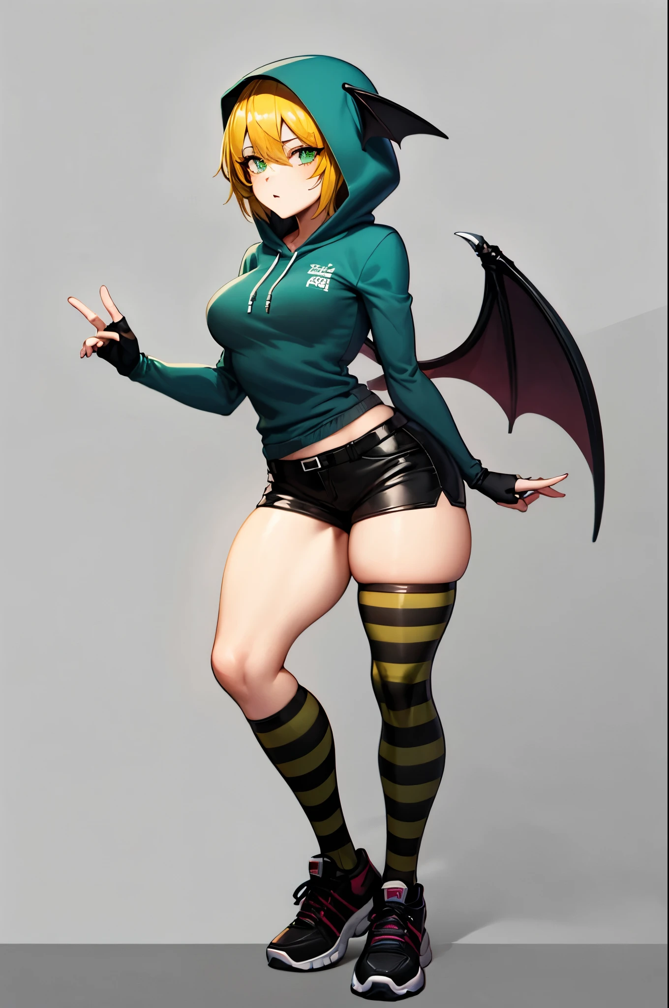 (Highest Quality))), (Simple background), single, full body, 1girl, demon girl, goth girl (fhfif), blue short sweatshirt, black mini shorts, green and black striped thigh-high socks, redhead with yellow gradient hair, hood, wearing hood, make up, eye shadow, green eyes, black sneakers, sneaker shoes, exposed abdomen, athletic, black fingerless gloves, bat wings , wide hips, thick thighs, medium breasts