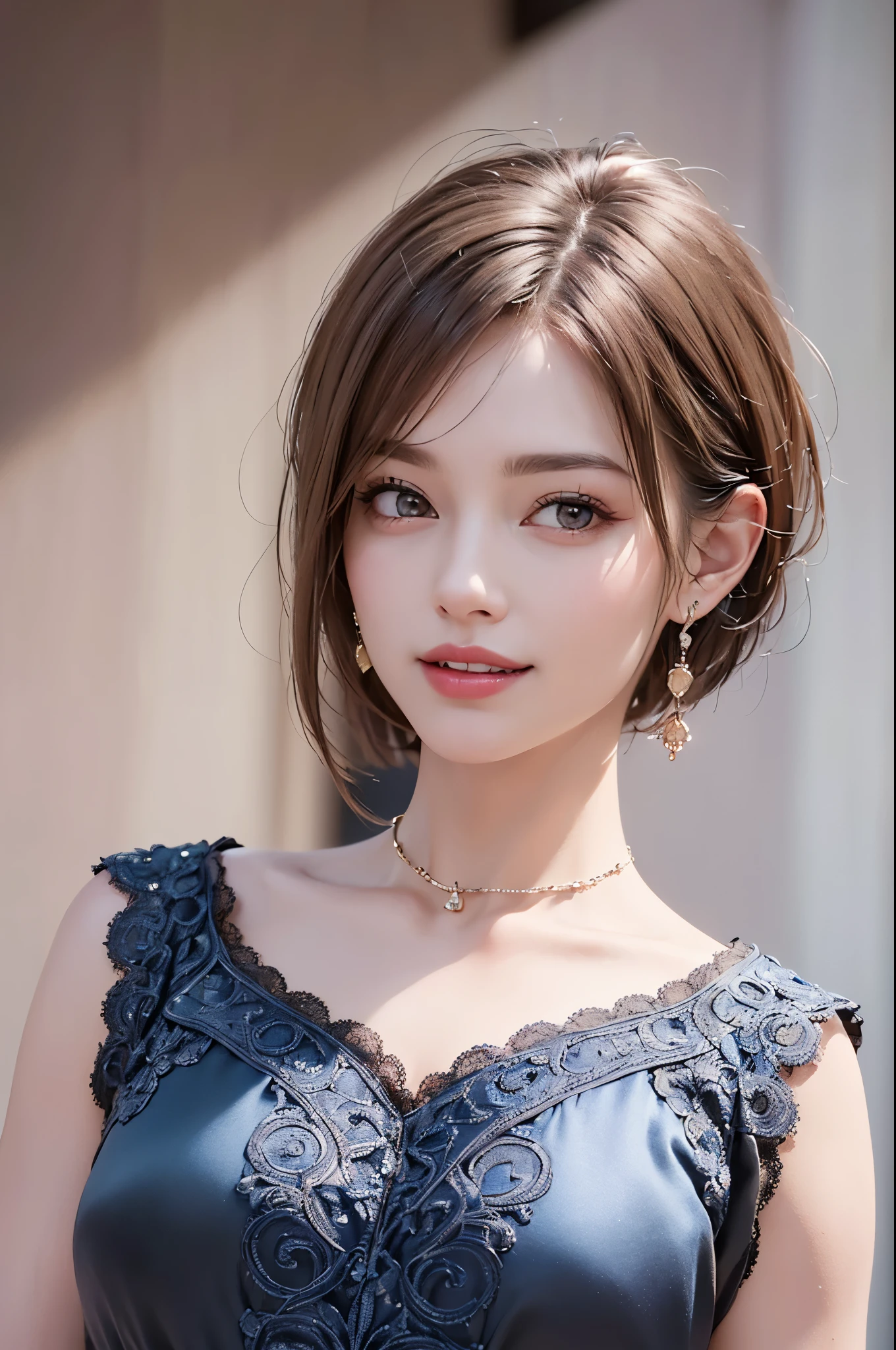 small breasts(1.    beauty ,    Supermodel   ), (      Perfect Anatomy ), (( upper body shot)), Golden Ratio, (top quality:1.4), 32k resolution, (    realistic      :1.5), High resolution UHD, (masterpiece :1.2)), (Improved quality:1.4), (  Very beautiful face details  ), (Grin), (top quality), ((blue silk dress decorated with finely detailed pattern :1.37)),    earrings,     necklace, (small Breasts:1.3), (thigh), Accurate Fingers,   very detailed,   beautiful eyes,     double eyelids ,     eyelash    , Shaping your eyebrows, ((very detailed)),     red cheeks    , Ultra-     realistic      eyes, Perfect Lips,       perfect eyes,     natural cosmetics   , [ pink lipstick ], (( Commitment to quality       :1.2)), (    beautiful lips:1.33), (Great nose:1.2), (small Breasts),       brunette pixie cut, ((    realistic    )), ((   Sharp Focus )), (     Highest Resolution ), ((    high image quality)), ((masterpiece)),     Professional Cinema Lighting  