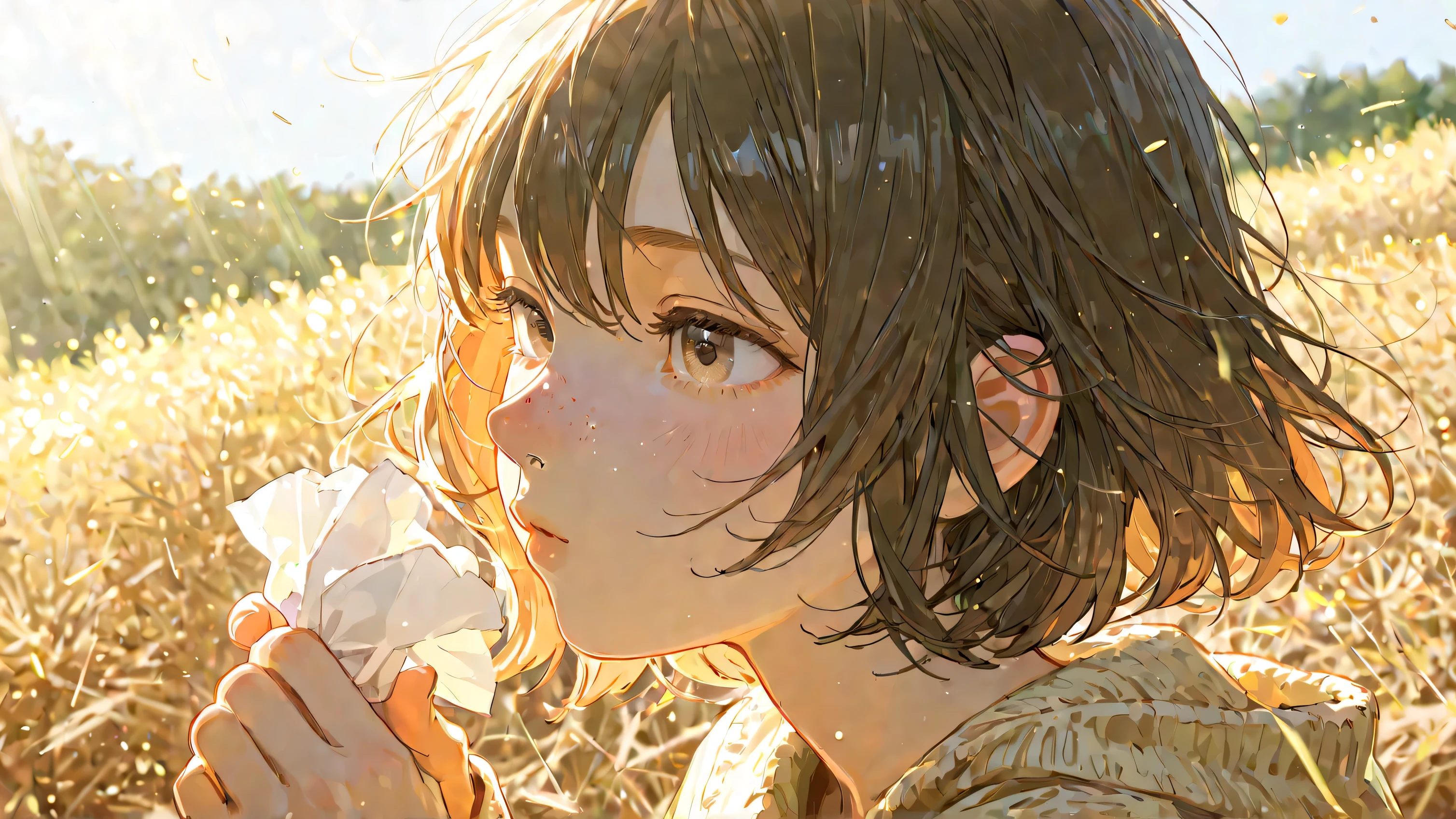 A young woman suffering from hay fever, blowing her nose into a tissue. She has watery eyes and a slightly red nose. Pollen particles and viruses are floating in the air, illuminated by sunlight. The background is a park with blooming trees, slightly blurred. The atmosphere is warm but slightly hazy due to the pollen. Realistic style, soft natural lighting, high detail, 4K resolution.