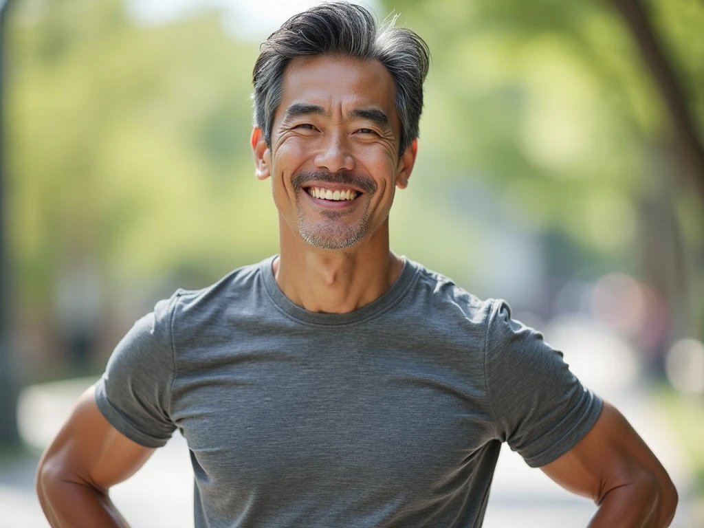 A refreshing and muscular Japanese man in his 40s is smiling while combing his bushy hair..