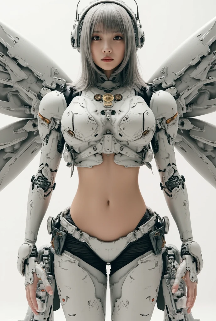 Nousr robot, complex 3d rendering very detailed beautiful angel of death, biomechanical robot, simulation, sexy, big breasts, cyberpunk. 150mm lens, beautiful natural soft edge light, large leaves and stems, roots, fine-leaf lace, colored details, samourai, Boris Bidjan Saberi clothing, pearl earrings, piercings, Art Nouveau embroidery, intricate details, mesh cable, mandelbro fractal, ???????, facial muscles, cable wires, microchips, badass, surreal, ultra-detailed, octane rendering, volumetric lighting, 8k post-production, red and white with a touch of black, metal skeleton details, half-humanoid , rainbow colors, Glenn Brown style, white room, power of God, high angle shooting, complex body poses