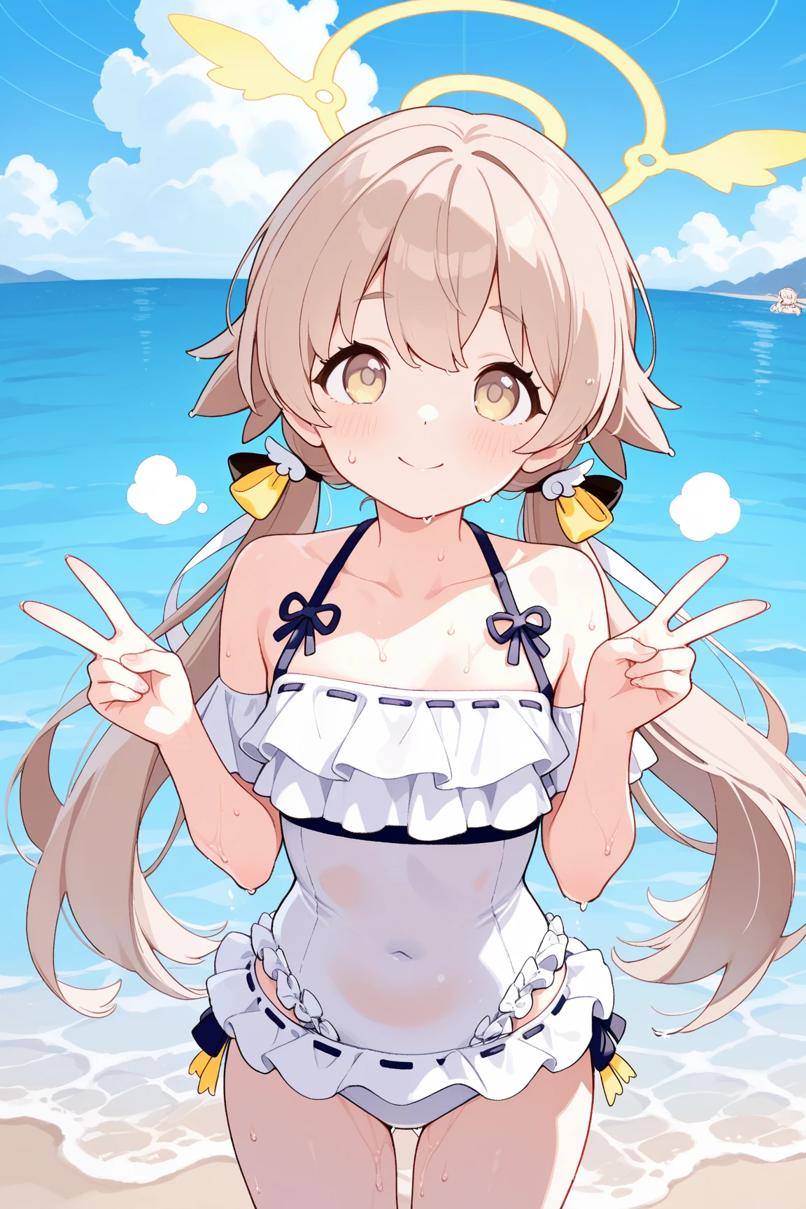 (NSFW:1.1), masterpiece, Highest quality, Ultra-high resolution, Highest Resolution, Very detailed, cowboy shot, very cute, Complete limbs, Shining Eyes, Full Finger, bbsato, long hair, half updo, braid, hair between eyes, animal ears, ear ornament, horse tailr, Embarrassed look, Writhing expression, School swimsuit, Glowing Skin, sexy pose, beach, Bubble, (Wind:1.2)