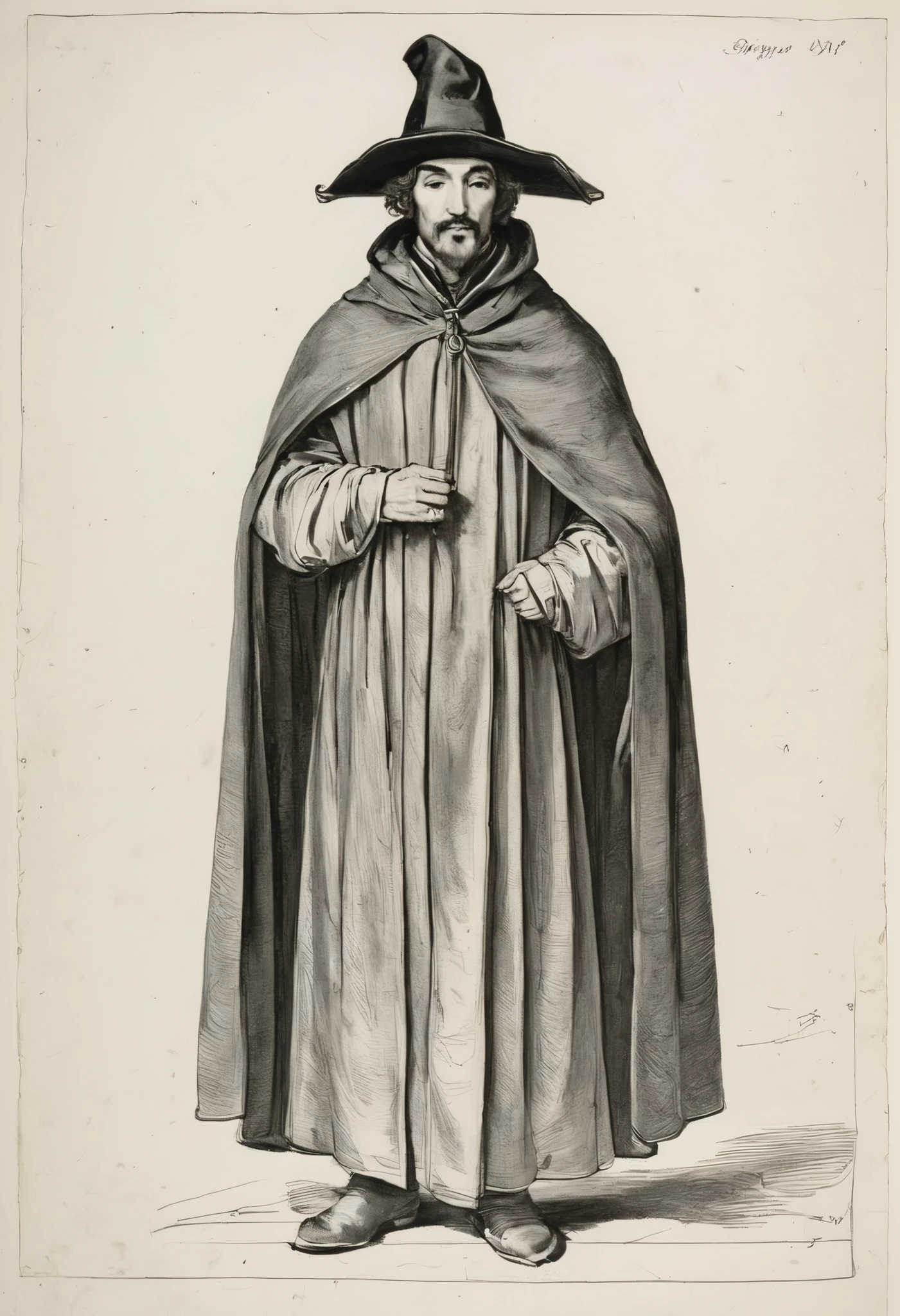 drawing of a man in a hat and cloak with a dog, by Jacques Callot, wearing a flowing cloak, inspired by Jacques Callot, concept art of a monk, picture of a male cleric, 19th century woodcut, dressed in a [ [ 1 2 th century, pen-and-ink illustration, pen - and - ink illustration, monk , ((upper body))