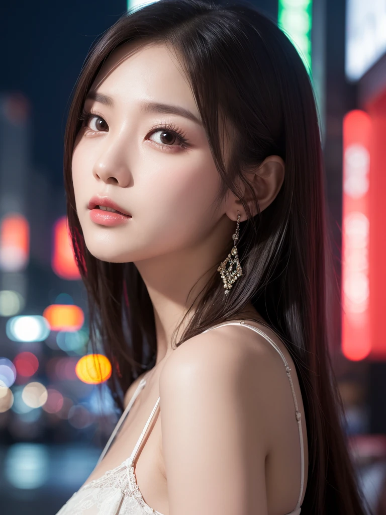 Urban beautiful girl college student, masterpiece, light makeup, red lips, silver hair, messy long hair, street background, beautiful, elegant. super fine details, master works, authentic texture, cinematic lighting realism, perfect job, 16K, hd, exquisite features,blue eyes、japanese idol、Beautiful Face、cute smile、brown hair、beautiful hair、ponytail、glamorous、 big breasts、erect nipples、Oily muscle、shiny skin、tanned skin、Black glowing skin、Wearing a sexy Chinese dress：1.3, bright big eyes, smooth skin, earrings, necklace, tattoo