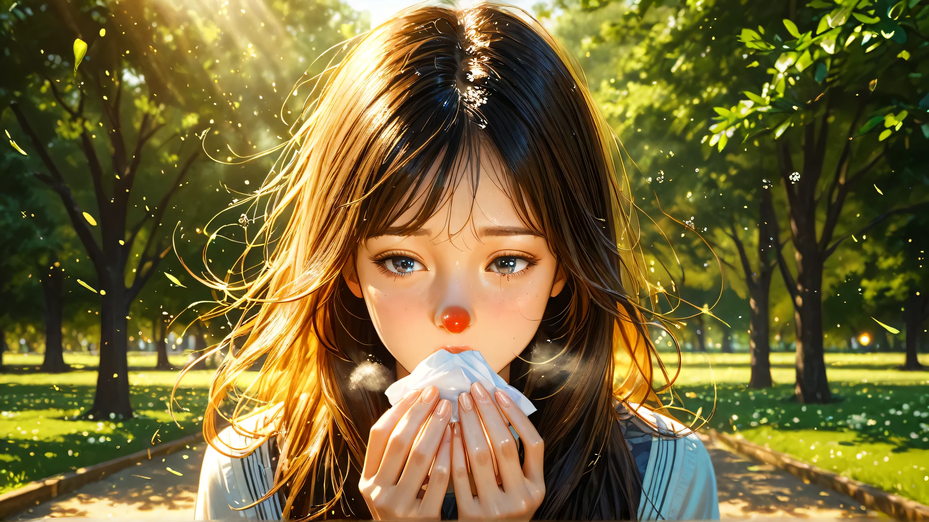 A young woman suffering from hay fever, blowing her nose into a tissue. She has watery eyes and a slightly red nose. Pollen particles and viruses are floating in the air, illuminated by sunlight. The background is a park with blooming trees, slightly blurred. The atmosphere is warm but slightly hazy due to the pollen. Realistic style, soft natural lighting, high detail, 4K resolution.