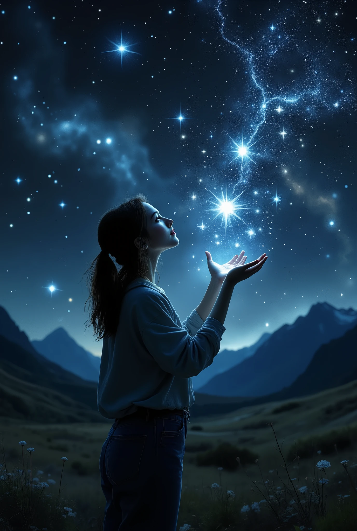 beautiful girl, beautiful, Gorgeous, sexy councee, Charming , in casual clothes, looks at the sky, on a starry night , where stars draw beautiful patterns and seem to fall into her hands slowly, в Wonderfulй ночи с видом на бескрайние луга и горы, Masterpiece , 8 k, best quality, fantasy style, maximum details, complex details, Wonderful, great ,