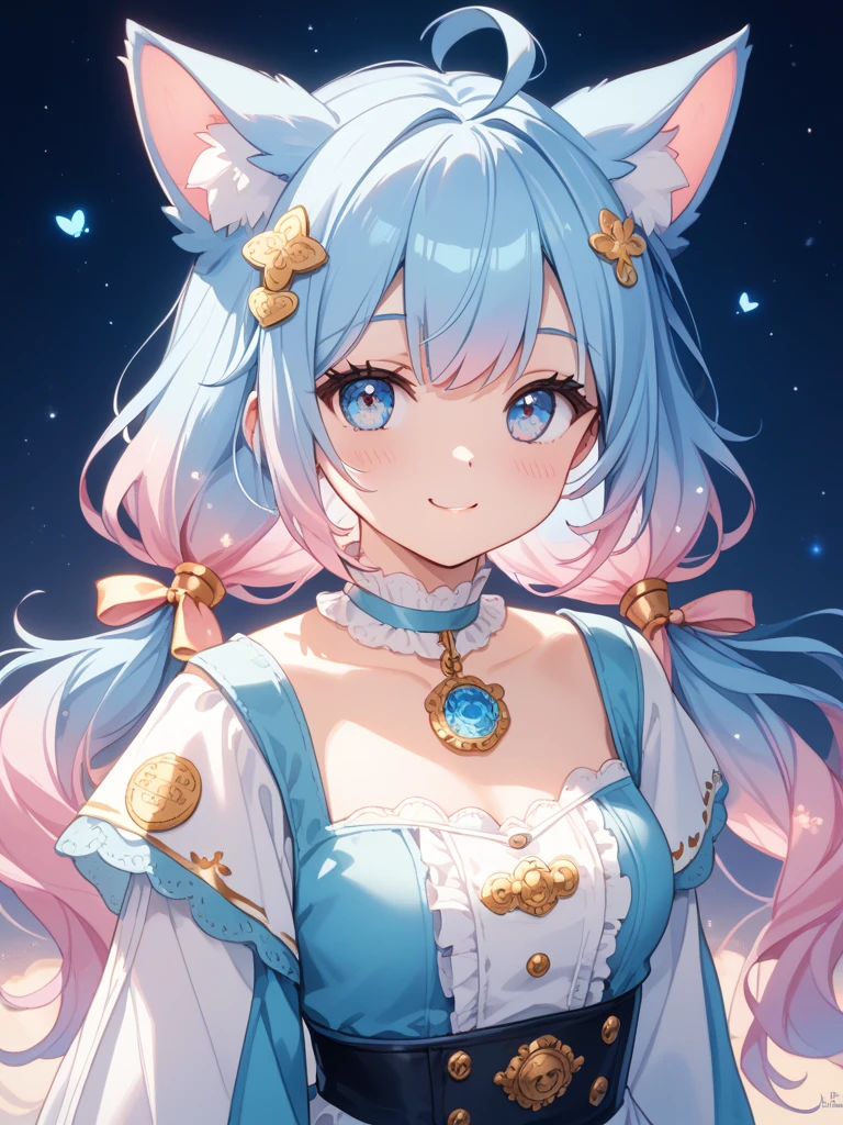 A beautiful japanese girl, Tiffany blue hair, Tiffany blue hair, Short hair, (With metal rabbit ear headband: 1.2), full bodyesbian, (Exquisite features: 1.5), Put on fantastic clothes, Surrealist frilled skirt, The color of the dress is Tiffany blue and pink gradient, There are pink marshmallows around，Like coral, Dance on pink dotted with black butterflies, The overall ambient color is Tiffany, style of surrealism, artistic photograph, in wonderland, Tiffany's dream, Soft dreams, Transparent light, high-definition photography, big breasts, cleavage, arms behind back,
