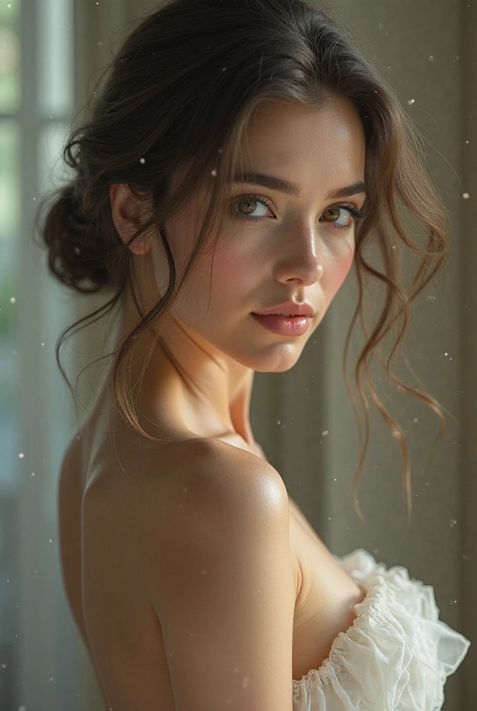 (Masterpiece.UHD.photorealistic..) (profile. From side) an ultra hot gorgeous European woman. Age 23. Voluptuous hourglass body. Gorgeous face. Epic cleavage. Huge breast. (100 E size). Her face is fully covered with nanodots.