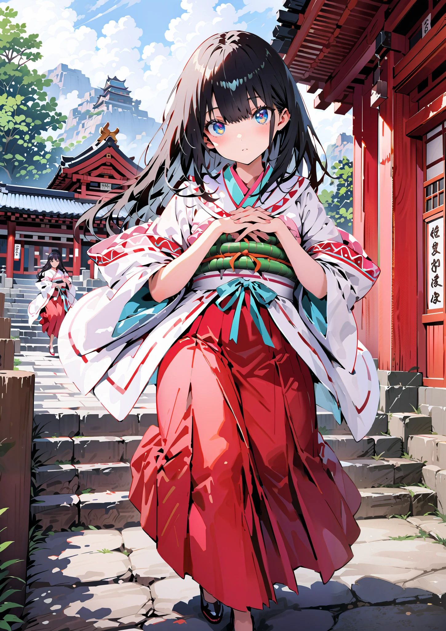 It's because of Rikkata, black hair, blue eyes, long hair, Orange Scrunch , scrunchie , List Scrunch, shrine maiden costume, white kimono ,Red Hakama,I'm cleaning the stairs with a bamboo broom with both hands,noon,full bodyがillustrationsに入るように, break outdoors, shrine,
break looking at viewer,full body,
break (masterpiece:1.2), Highest quality, High Resolution, Unity 8K Wallpaper , (illustrations:0.8), (beautiful detailed eyes:1.6), Highly detailed faces, perfect lighting , extremely detailed CG, (perfect hands, perfect anatomy),