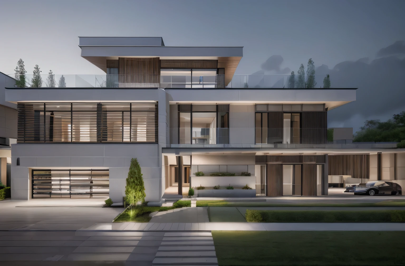 RAW photo, Exterior of two story white modern house, (road:1.3), (sidewalk:1.3), (sidewalk trees:1.3), (residences area:1.4), dawn time, overcast, fog, tropical trees and plants, (high detailed:1.2), 8k uhd, dslr, soft lighting, high quality, film grain, Fujifilm XT3, (sharpen:1.5)