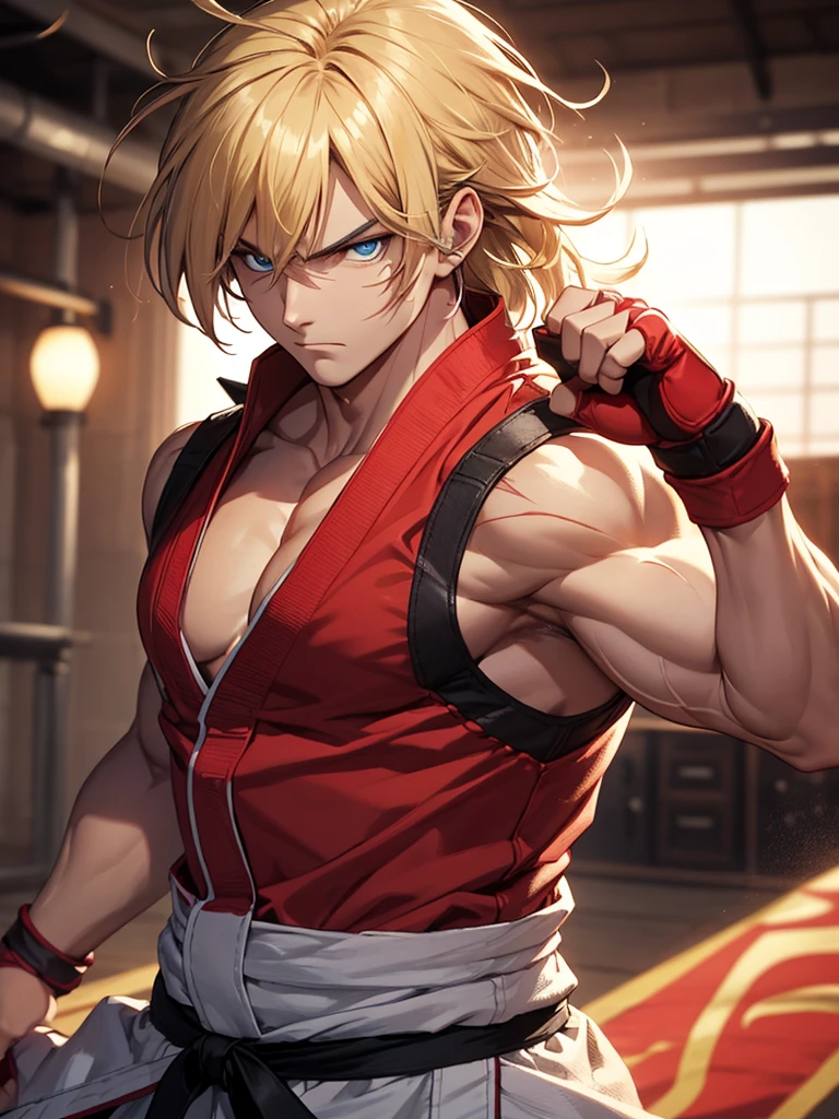 Boy with blonde hair and pink spikes, Bakugou style, with goosebump hair. Dark skin, pink eyes and fangs. Serious look and dressed in costume of Japanese wrestler, fighting, DBZ hair.