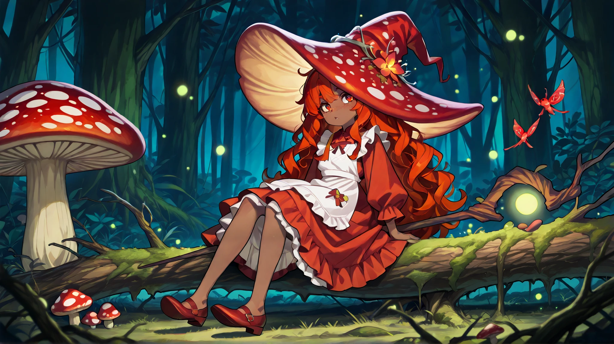 a Fungi Witch with tanned dark skin covered with freckles. She has yellow/scarlet eyes. She has loose ginger red wavy hair, long to her feet. Per dressing set: She wears a swampy green medieval witch's dress and an apron with two pockets.she wearing a potion belt.There is a bag over her shoulder with medicinal herbs sticking out of it. She has pointy witch's shoes. She wears a red fly Agaric hat on her head. In her hand she holds a staff in the shape of a tree branch overgrown with moss. she slowly walking in the mushroom grove where big mushroom-trees grow everywhere around the blooming swamp, fireflies are flying in the air.