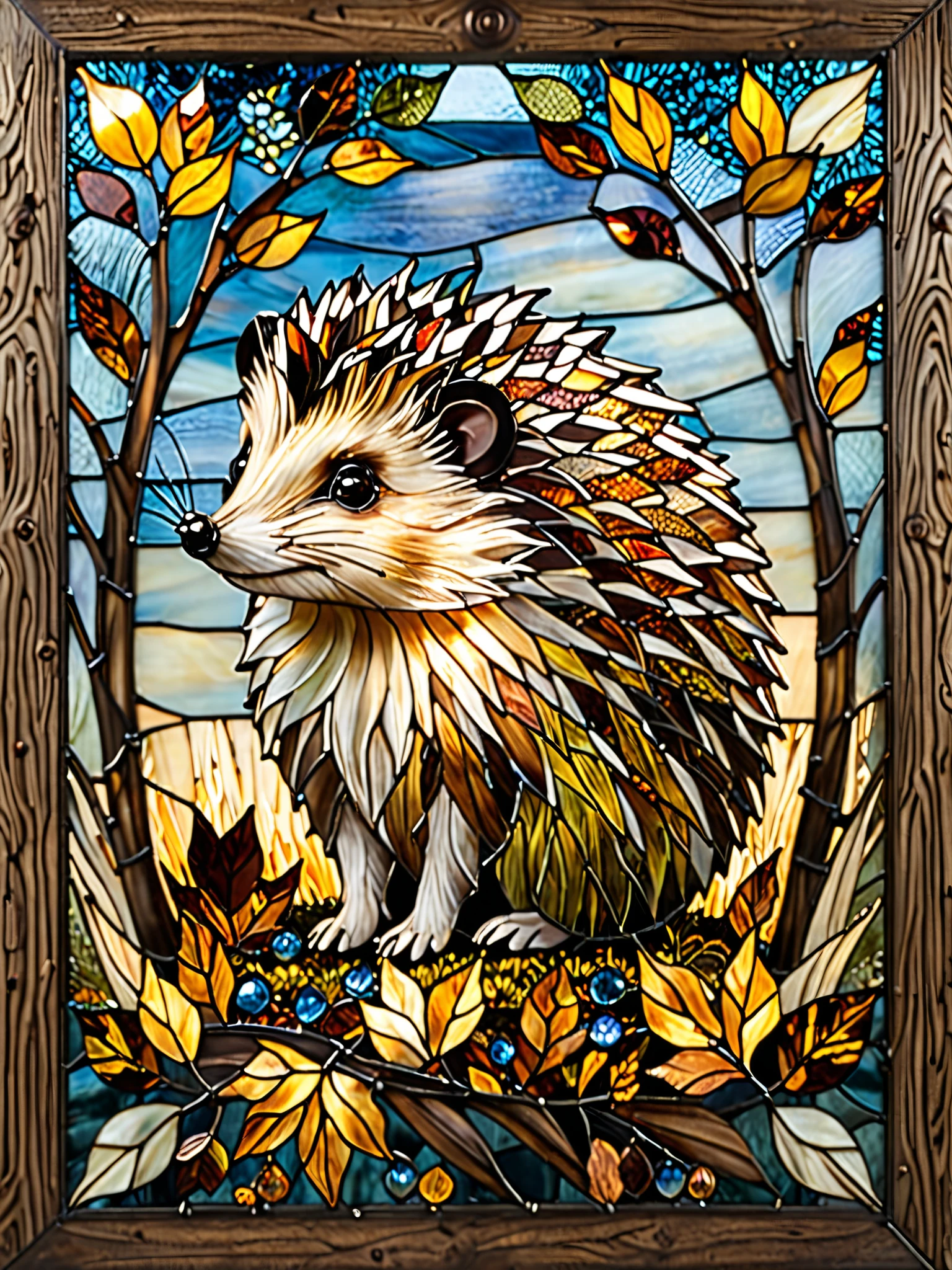 "A stunning stained-glass artwork featuring a single, adorable hedgehog as the focal point. The hedgehog gazes forward with big, expressive eyes, radiating curiosity and warmth. Its quills are intricately detailed, appearing sharp and lifelike with natural variations of brown, amber, gold, and soft ivory tones—without any blue hues. The background consists of a harmonious blend of soft golden sunlight and gentle blue sky, creating a balanced and tranquil atmosphere without overpowering the hedgehog. Delicate tree branches frame the scene with subtle stained-glass textures, while the ground is adorned with warm, earthy autumn leaves that enhance the natural setting. The stained-glass effect is rich in detail, with carefully crafted leaded outlines that emphasize depth and elegance, ensuring the hedgehog remains the central focus in this mesmerizing composition."