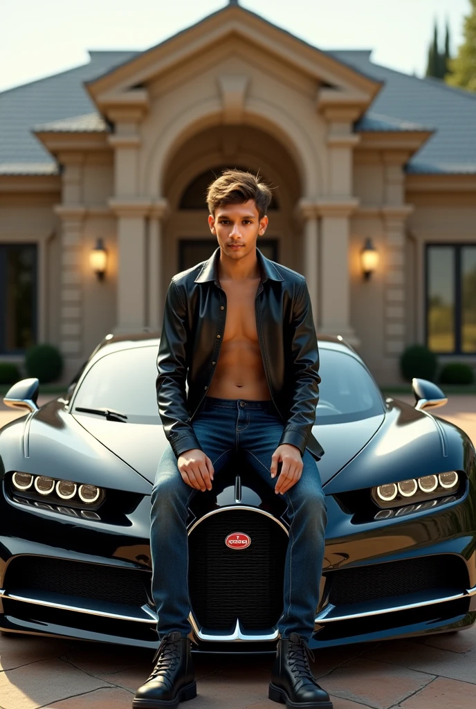 Create a picture of boy 2 a boy sitting on bonnet of black buggati car with fair skin with handsome body wear leather shirt infront of a luxury houde
