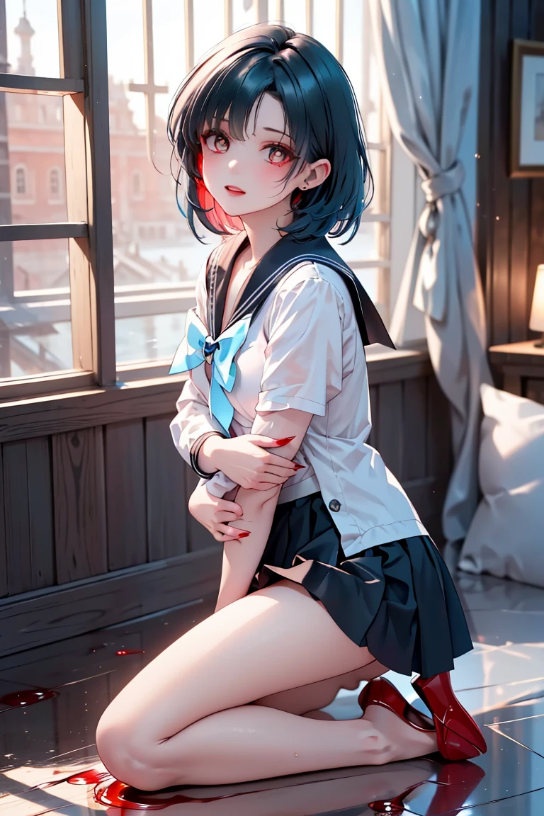 (Tabletop, Highest quality, Super detailed, 8K, wallpaper, Realistic), ((Perfect hands)), ((Perfect Anatomy)), Medium cleavage, Ruins of concrete、 ((Attractive anime one girl)), ((Rei Ayanami)), ((Capture her mysterious beauty with her white skin, The dense indigo short hair is impressive)),Beautiful detailed face、A kind smile、Look at the viewers、 ((Bright red eyes)), ((Junior High School Uniform))、(White panties), ((Medium Shot, From below)), Kamimei