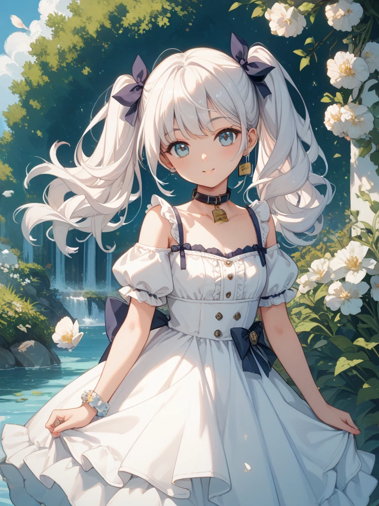 (masterpiece, best quality:1.6), white lace dress, cowboy shot, thighs, beautiful girl, (flowers, many small white petals:1.3), garden, blue sky, looking at viewer, small waist, official art, raw photo, incredibly absurdres, facelight, dynamic lighting, cinematic lighting, ultra realistic, highres, photography, sharp focus, highest detailed, extreme detailed, ultra detailed, finely detail, extremely detailed eyes and face