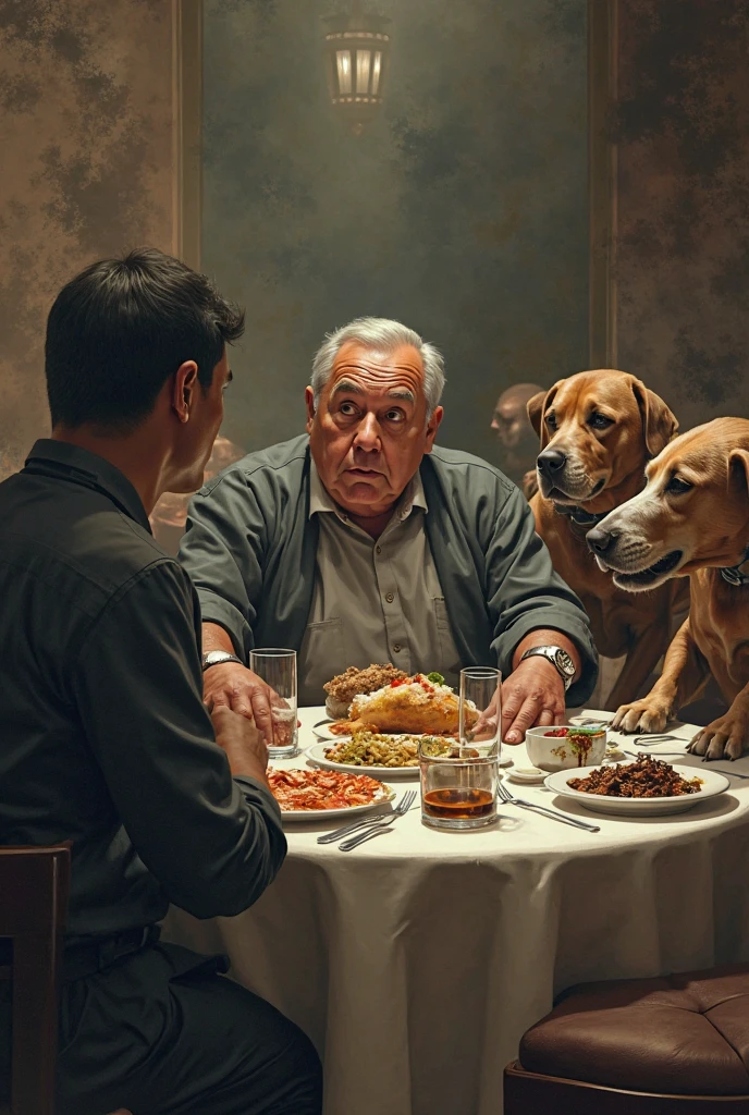 A man has a dog living in luxury, eating kebabs and kofta. Create an image that represents this scene, with colors that look old, as if from the early days of color television.