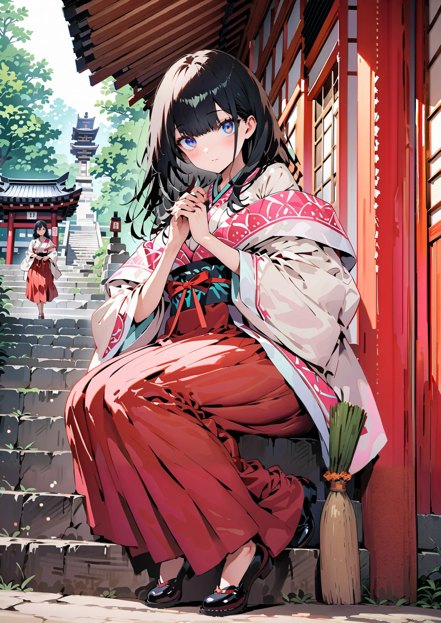 It's because of Rikkata, black hair, blue eyes, long hair, Orange Scrunch , scrunchie , List Scrunch, shrine maiden costume, white kimono ,Red Hakama,I'm cleaning the stairs with a bamboo broom with both hands,noon,full bodyがillustrationsに入るように, break outdoors, shrine,
break looking at viewer,full body,
break (masterpiece:1.2), Highest quality, High Resolution, Unity 8K Wallpaper , (illustrations:0.8), (beautiful detailed eyes:1.6), Highly detailed faces, perfect lighting , extremely detailed CG, (perfect hands, perfect anatomy),