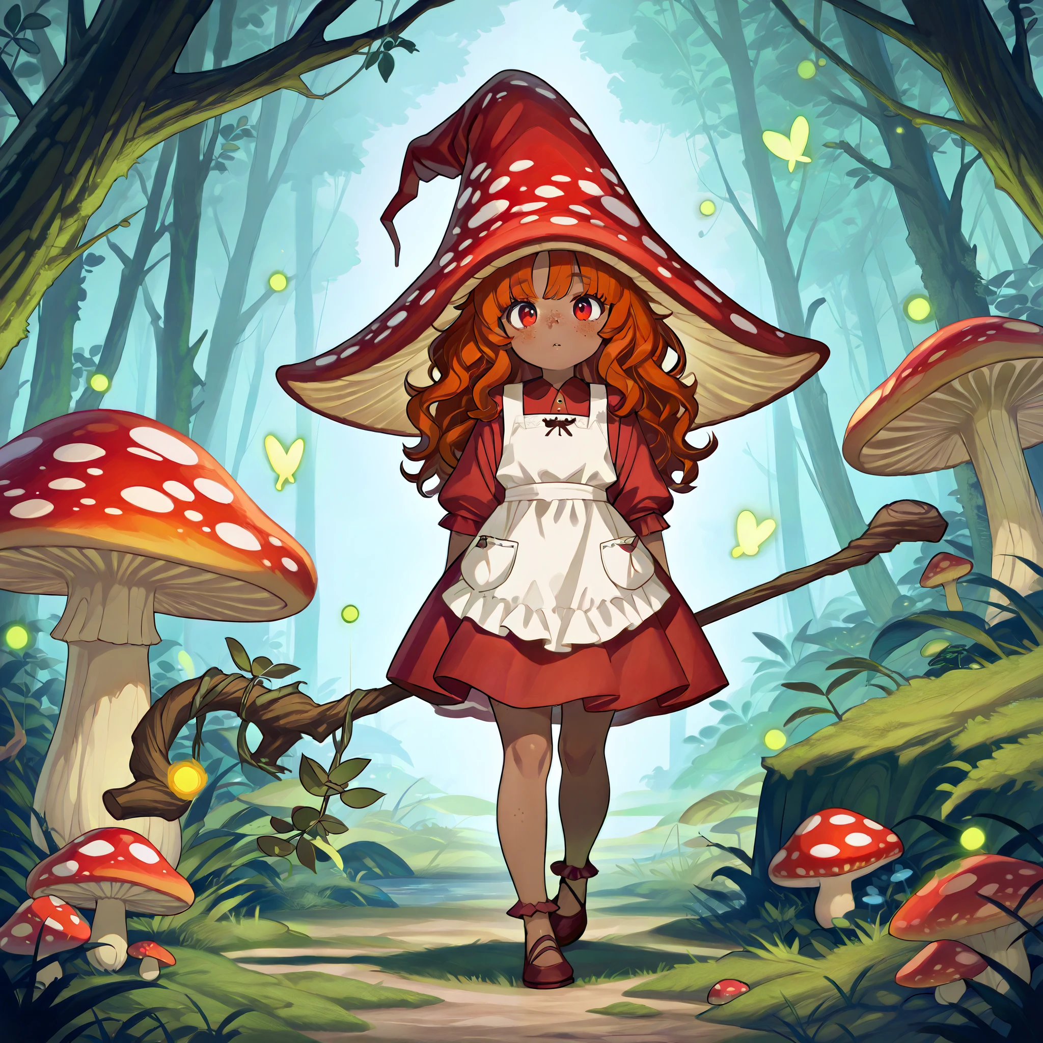 a Fungi Witch with tanned dark skin covered with freckles. She has yellow/scarlet eyes. She has loose ginger red wavy hair, long to her feet. Per dressing set: She wears a swampy green medieval witch's dress and an apron with two pockets.she wearing a potion belt.There is a bag over her shoulder with medicinal herbs sticking out of it. She has pointy witch's shoes. She wears a red fly Agaric hat on her head. In her hand she holds a staff in the shape of a tree branch overgrown with moss. she slowly walking in the mushroom grove where big mushroom-trees grow everywhere around the blooming swamp, fireflies are flying in the air.