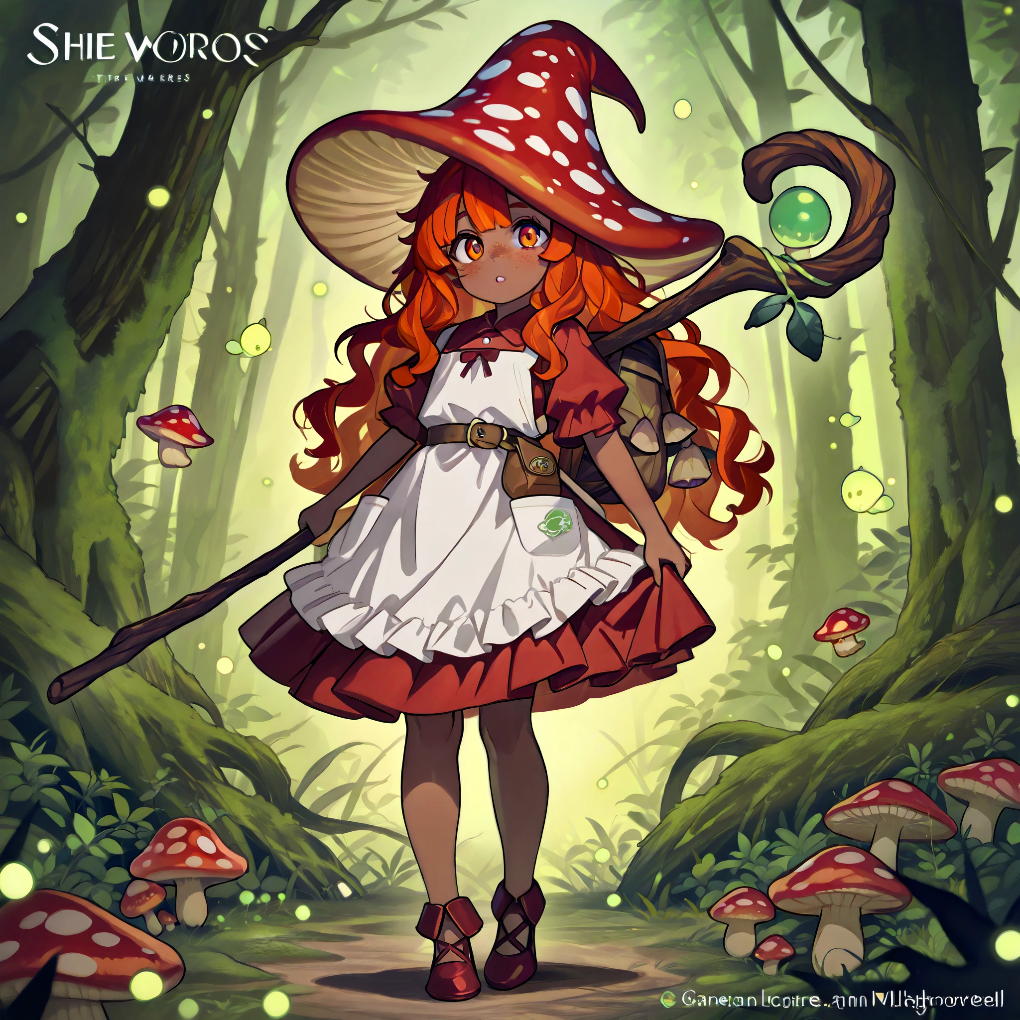 a Fungi Witch with tanned dark skin covered with freckles. She has yellow/scarlet eyes. She has loose ginger red wavy hair, long to her feet. Per dressing set: She wears a swampy green medieval witch's dress and an apron with two pockets.she wearing a potion belt.There is a bag over her shoulder with medicinal herbs sticking out of it. She has pointy witch's shoes. She wears a red fly Agaric hat on her head. In her hand she holds a staff in the shape of a tree branch overgrown with moss. she slowly walking in the mushroom grove where big mushroom-trees grow everywhere around the blooming swamp, fireflies are flying in the air.