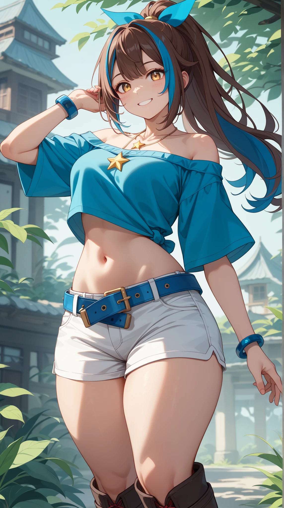 masterpiece, best quality, high resolution, ro1, bun, blue eyes, twintails, beanie with visor, tights, raglan sleeves, yellow shorts, shirt, pink bow, wristwatch, standing, from behind, (((close up ass))), big booty, mountain, bare belly, shiny skin, tongue out of mouth, blush, sexy body, defined body, perfect eyes, tongue out, blush, crossed eyes, big breast, tight-fitting clothes