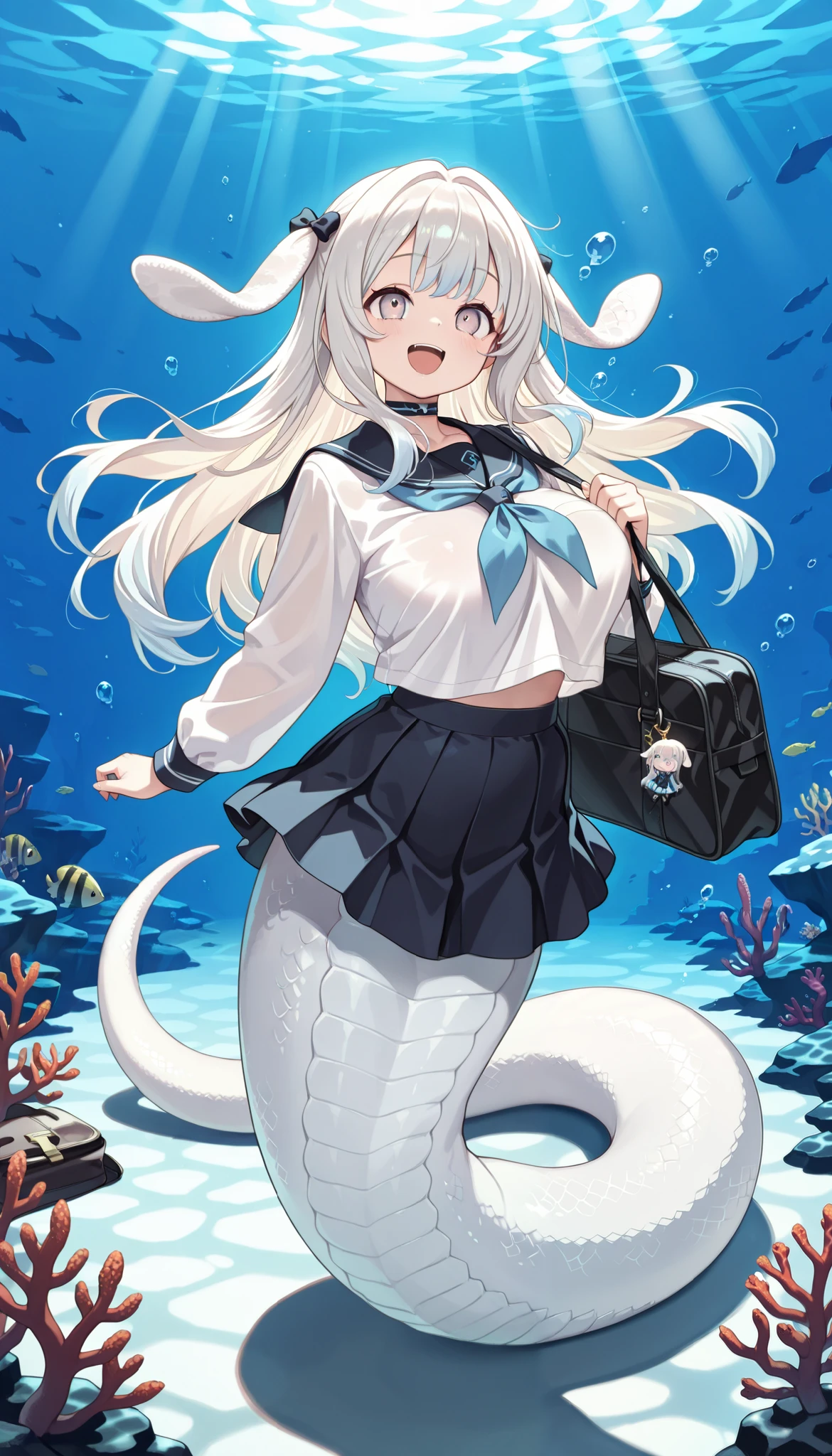 1 Girl, Big Breasts ,malice pawn march hare,alone, Smile, open mouth ,Black collar, school uniform, skirt,(Underwater:1.2),Full body picture, masterpiece,is best,amazing quality,is very beautiful,Ridiculous, lamia,white snake girl tail,Holding a student bag in the right hand