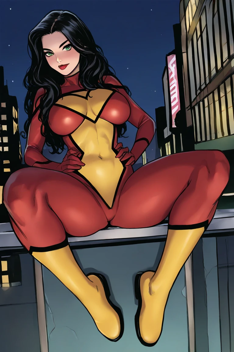score_9, score_8_up, score_7_up, sw_jessicadrew, 1girl, solo, long hair, black hair, lipstick, white lenses, covered eyes, domino mask, superhero, red bodysuit, yellow gloves, yellow boots, squatting, from behind, looking back, ass, presenting ass, ass focus <lora:Spider-Woman (Jessica Drew) SDXL_LoRA_10r_5e_100i_nr32_a16_Pony Diffusion V6 XL_640x960:0.8> <lora:Anime Style LoRA XL:1>
