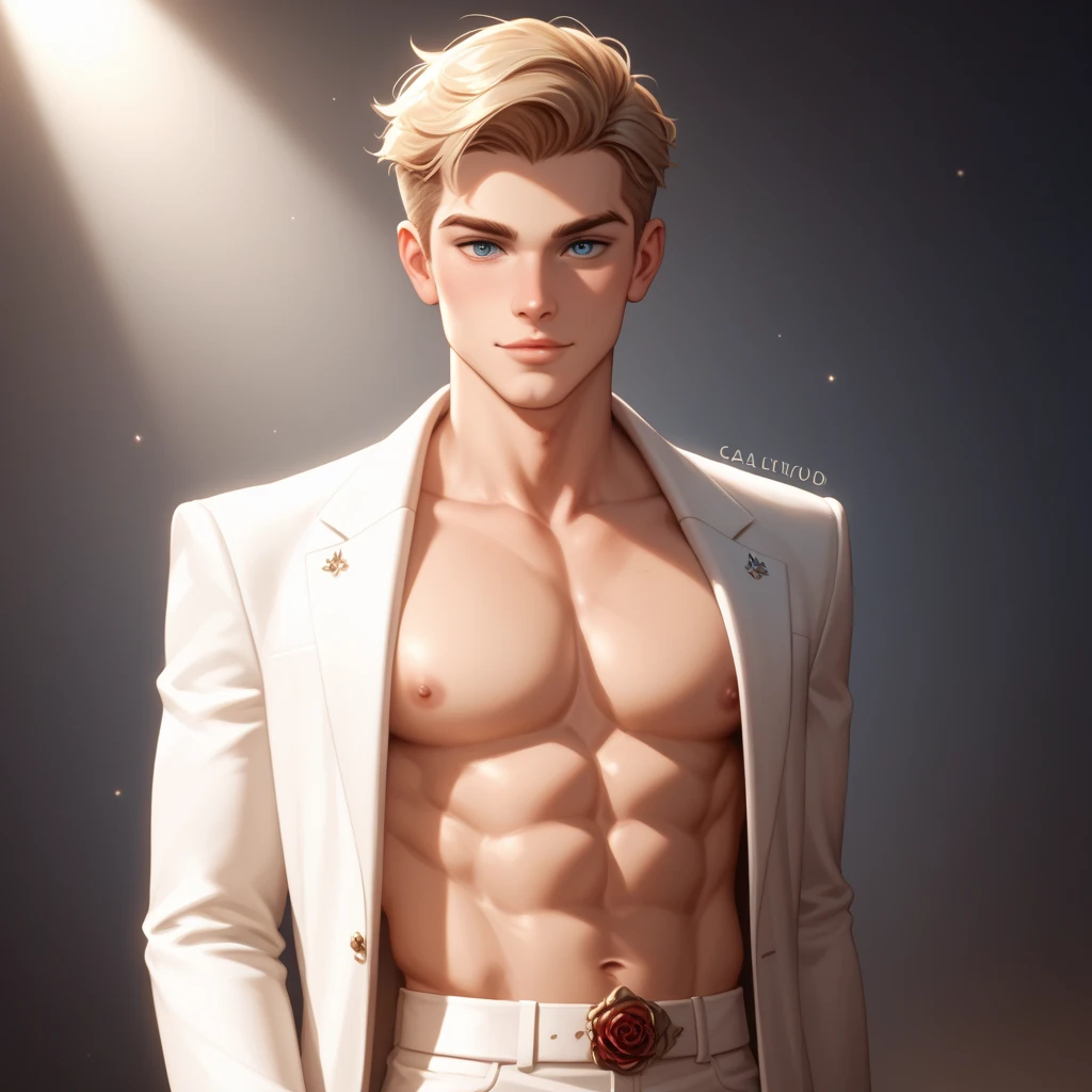 lindo garoto rosto perfeito cabelo curtu loiro olhos azuis musculoso com roupa elegante sentado dirigindo volnte de um carro de luxo