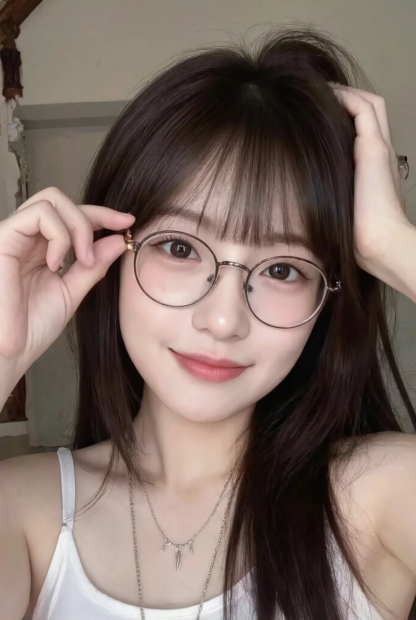 a photo taken with a standard Android phone of an chinese girl of a traditional Javanese house. she is taking selfie. (glasses, bangs , smile , adjusting side hair pose, necklaces, tanktop) . The image has natural lighting, slightly uneven exposure, and a casual composition, resembling an amateur snapshot
