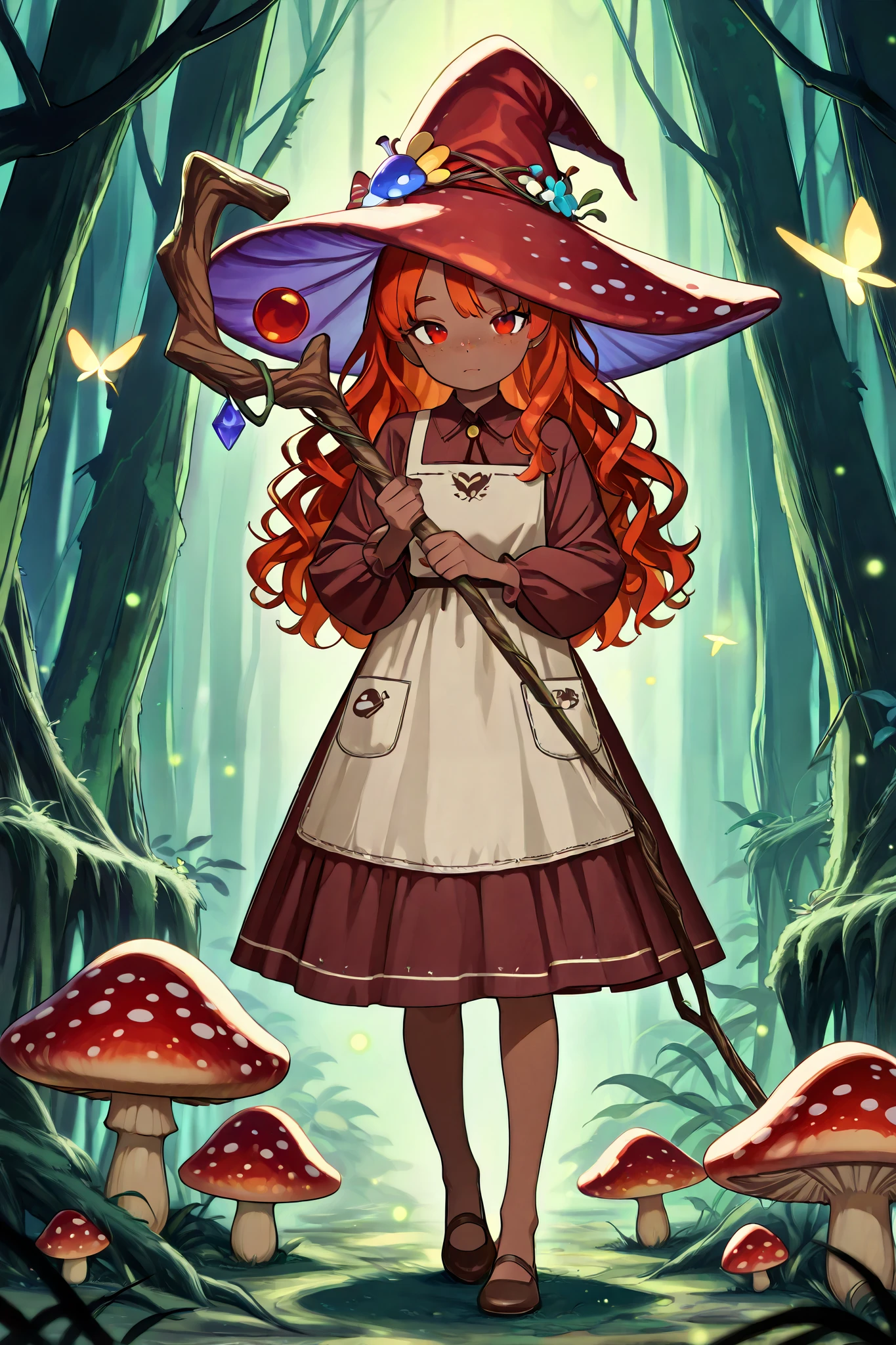 a Fungi Witch with tanned dark skin covered with freckles. She has yellow/scarlet eyes. She has loose ginger red wavy hair, long to her feet. Per dressing set: She wears swamp green medieval witch dress and an apron with two pockets. she wearing a potion belt. There is a bag over her shoulder with medicinal herbs sticking out of it. She has brown pointy witch's shoes. She wears a red fly Agaric hat on her head. In her hand she holds a staff in the shape of a tree branch overgrown with moss. she slowly walking in the mushroom grove where big mushroom-trees grow everywhere around the blooming swamp, fireflies are flying in the air.