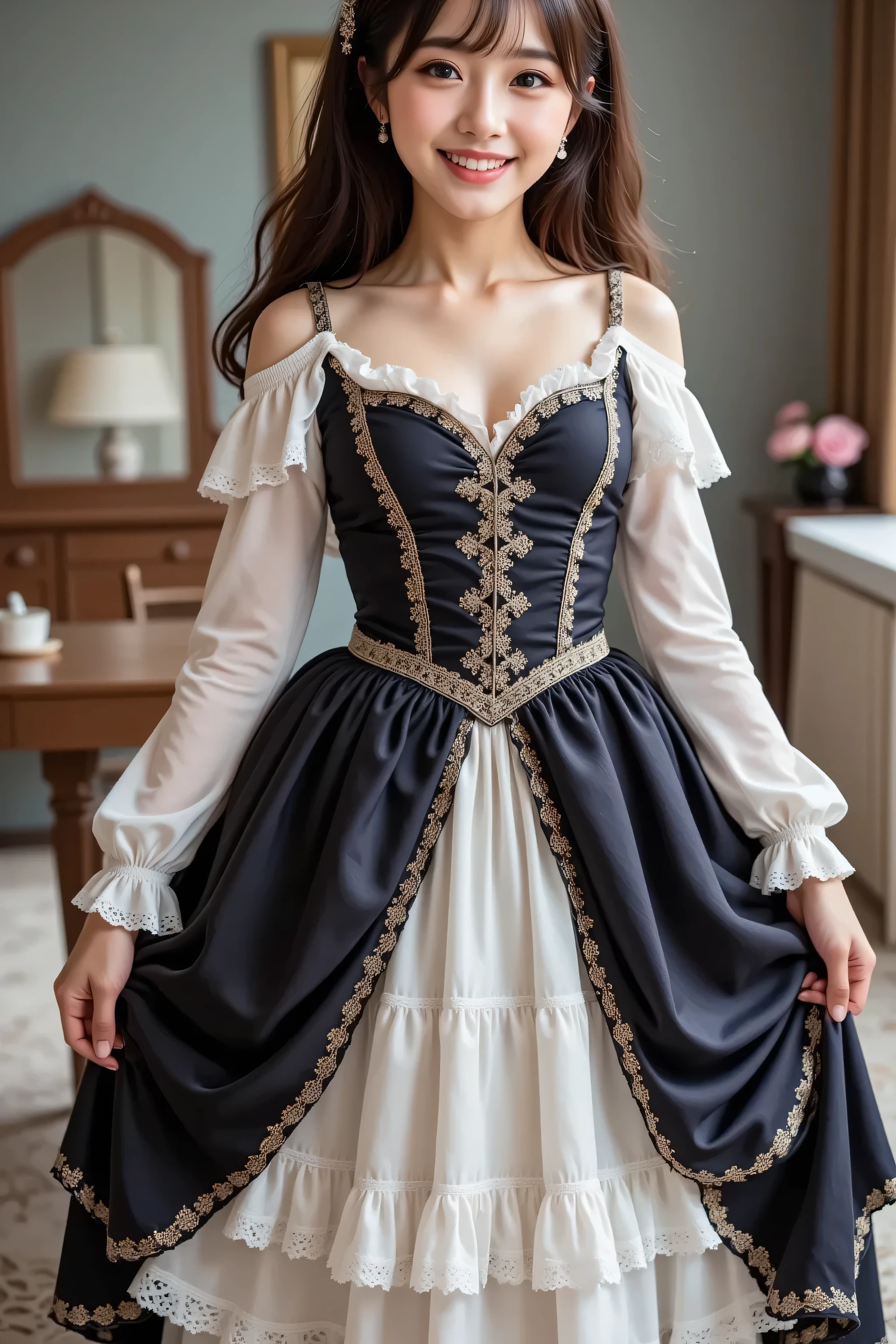 An 18 year old girl is wearing a dress, Платье с рококо-frill ми, dress in the style of rococo, baroque dress, intricate fantasy dress , ornate frill y dress, romantic dress, frill y outfit, fantasy dress , frill , style you , full dress, (( that fashion )), long-sleeved dress, layered dress, color palette includes black and white, smile