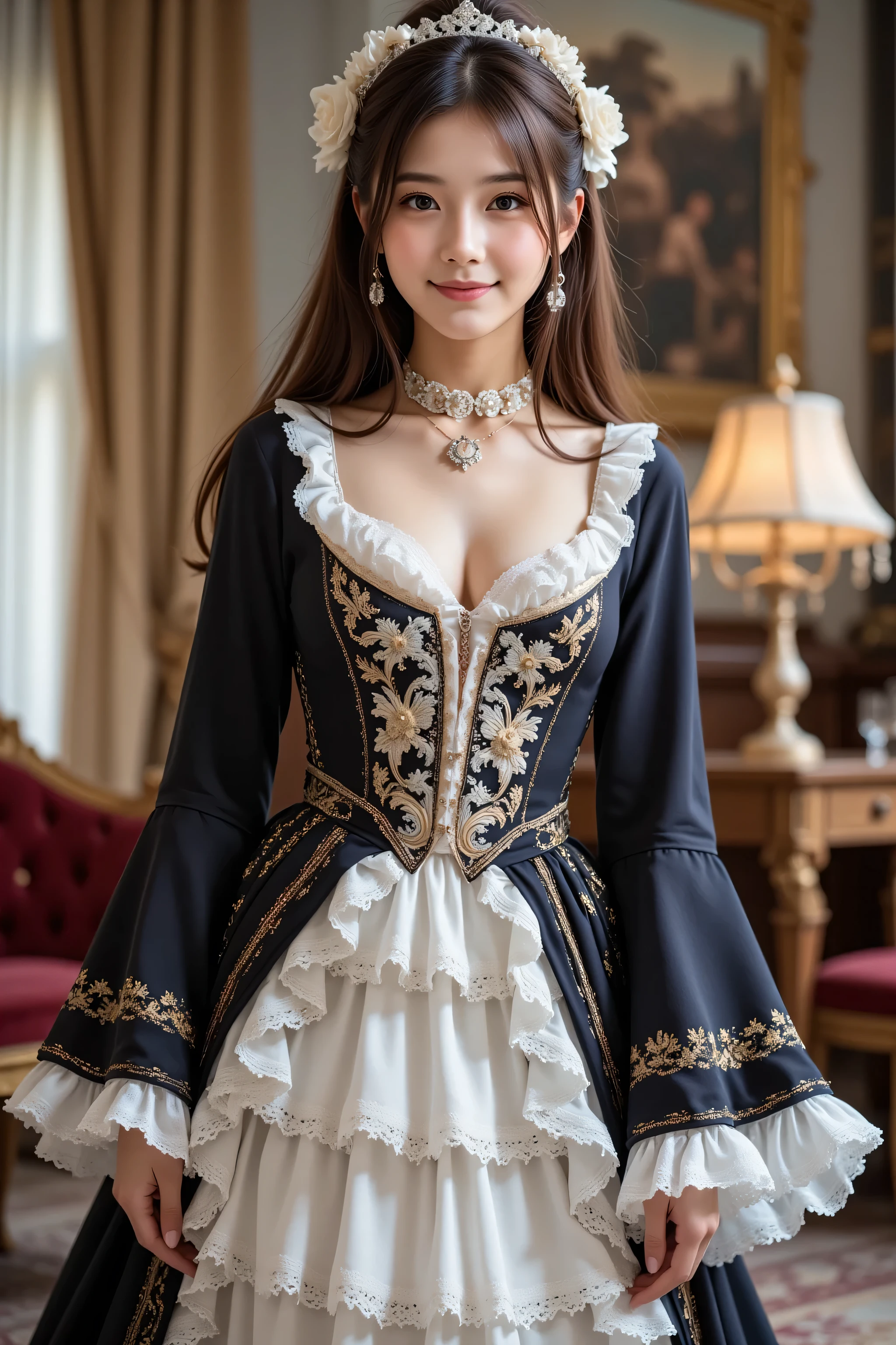 An 18 year old girl is wearing a dress, Платье с рококо-frill ми, dress in the style of rococo, baroque dress, intricate fantasy dress , ornate frill y dress, romantic dress, frill y outfit, fantasy dress , frill , style you , full dress, (( that fashion )), long-sleeved dress, layered dress, color palette includes black and white, smile