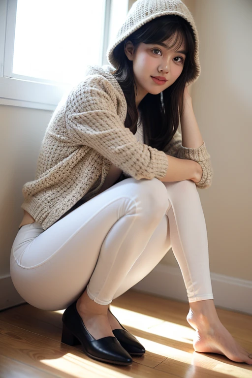 (masterpiece, highest quality:1.2), One girl, one person、High quality and high quality。Beautiful Japanese women。8K resolution images。LoRA imagery dominates。She is a beautiful woman with a youthful face.。All shots are taken so that the whole body is visible, from the face to the shoes.。All of them are facing forward, with knees apart and standing on tiptoes as if squatting.。All of the photos were taken in public toilets and are directed at the camera.。Tongue sticking out from mouth。Have a slim figure with noticeable breast augmentation。Her eyes are large and have double eyelids and droopy eyes.。Her hair is in a smooth ponytail。All students were required to wear thick, long, plain white cardigans and pink dress shirts provided by the school.、Wearing plain white shorts。She wears thick, loose white socks that reach from her knees down to the soles of her feet.。She is wearing thick white knee-high socks that are folded sloppily.。