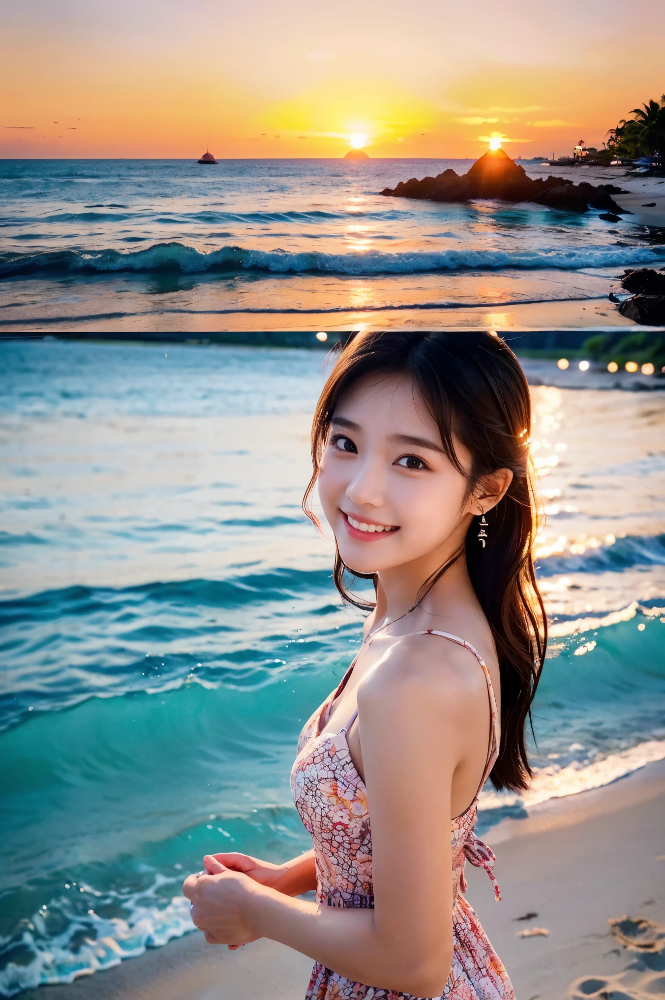 ((top-quality、masutepiece、8K、Top image quality、Hyper-Realism))、(1 photo:1.3)、(Beauty 1 person)、(Photo above from the female breast:1.2)、smile looking at me、the most detailed face、sparkling gemstone necklace、Off-shoulder top with ruffles、Standing on the beach、the most beautiful sea、Beautiful sky、beautiful thunder clouds、Refreshing sea in the background、Shining beautiful sea background、