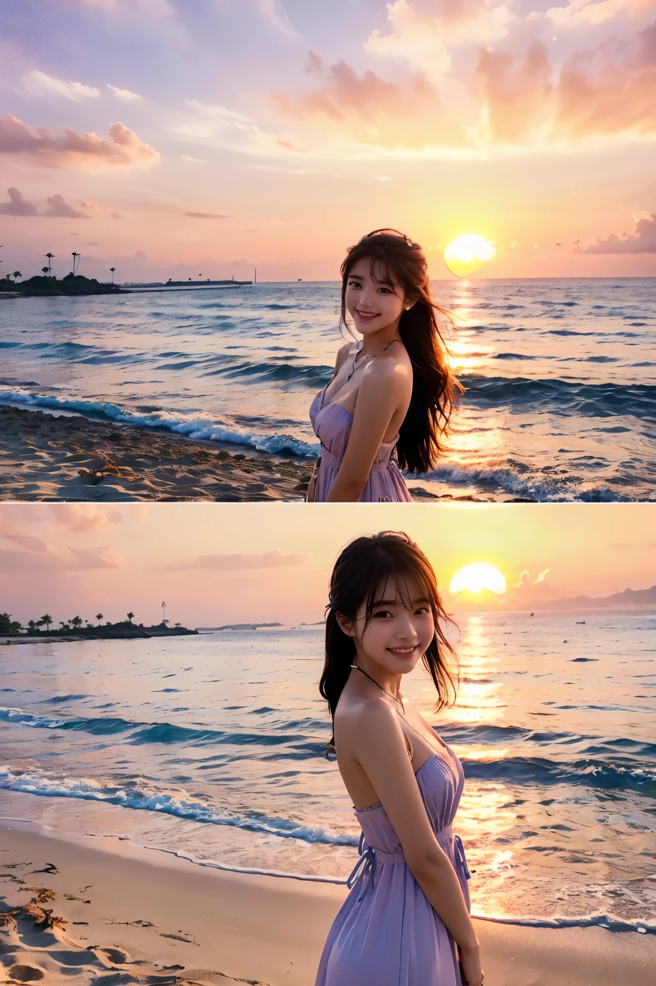 Draw the perfect sunset by the sea and lovers,lying on the sand