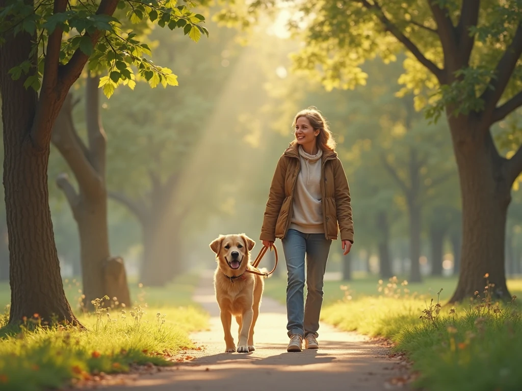 Une photo d'un chien et son propriétaire en promenade dans un parc