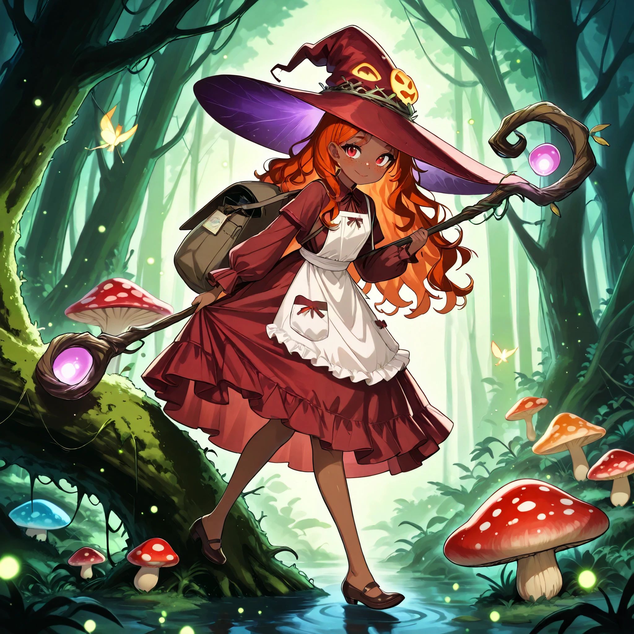 a Fungi Witch with tanned dark skin covered with freckles. She has yellow/scarlet eyes. She has loose ginger red wavy hair, long to her feet. Per dressing set: She wears swamp green medieval witch dress and an apron with two pockets. she wearing a potion belt. There is a bag over her shoulder with medicinal herbs sticking out of it. She has brown pointy witch's shoes. She wears a red fly Agaric hat on her head. In her hand she holds a staff in the shape of a tree branch overgrown with moss. she slowly walking in the mushroom grove where big mushroom-trees grow everywhere around the blooming swamp, fireflies are flying in the air.